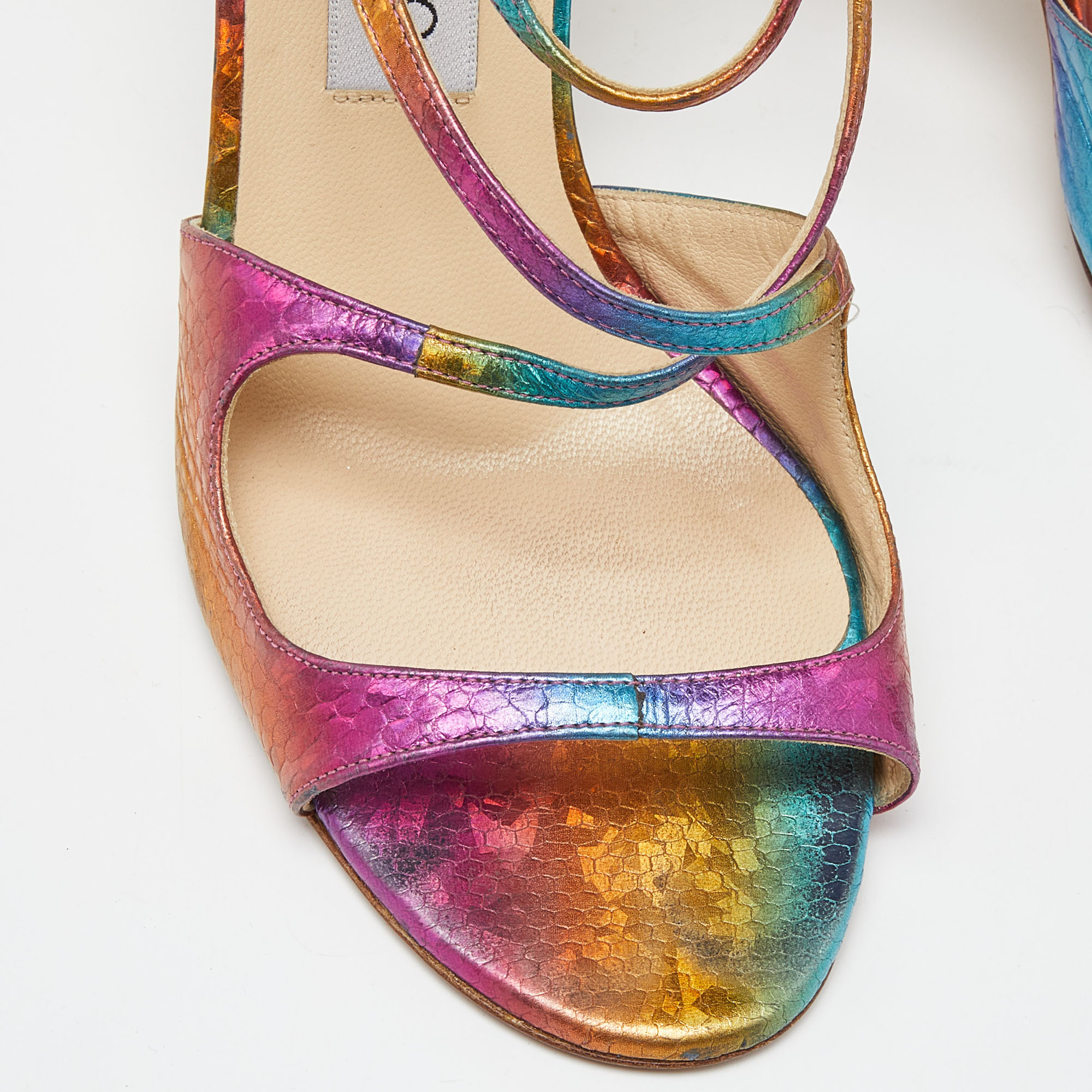Jimmy Choo Multicolor Python Embossed Leather Criss Cross Strap Sandals Size 38