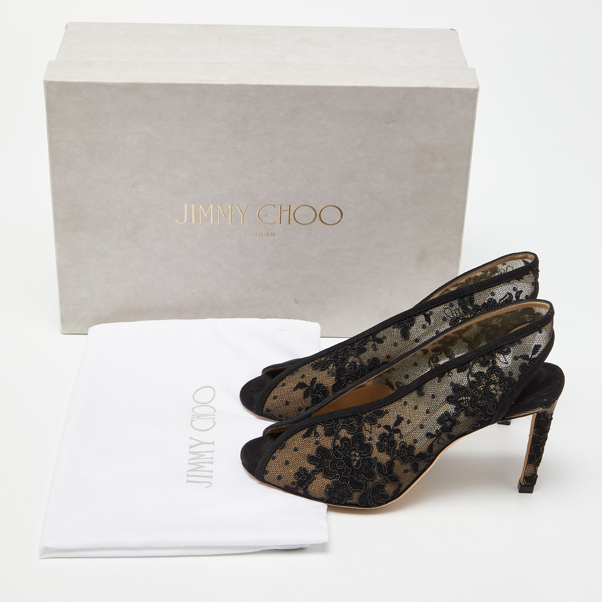 Jimmy Choo Black Lace And Mesh Shar Open-Toe Slingback Sandals Size 36