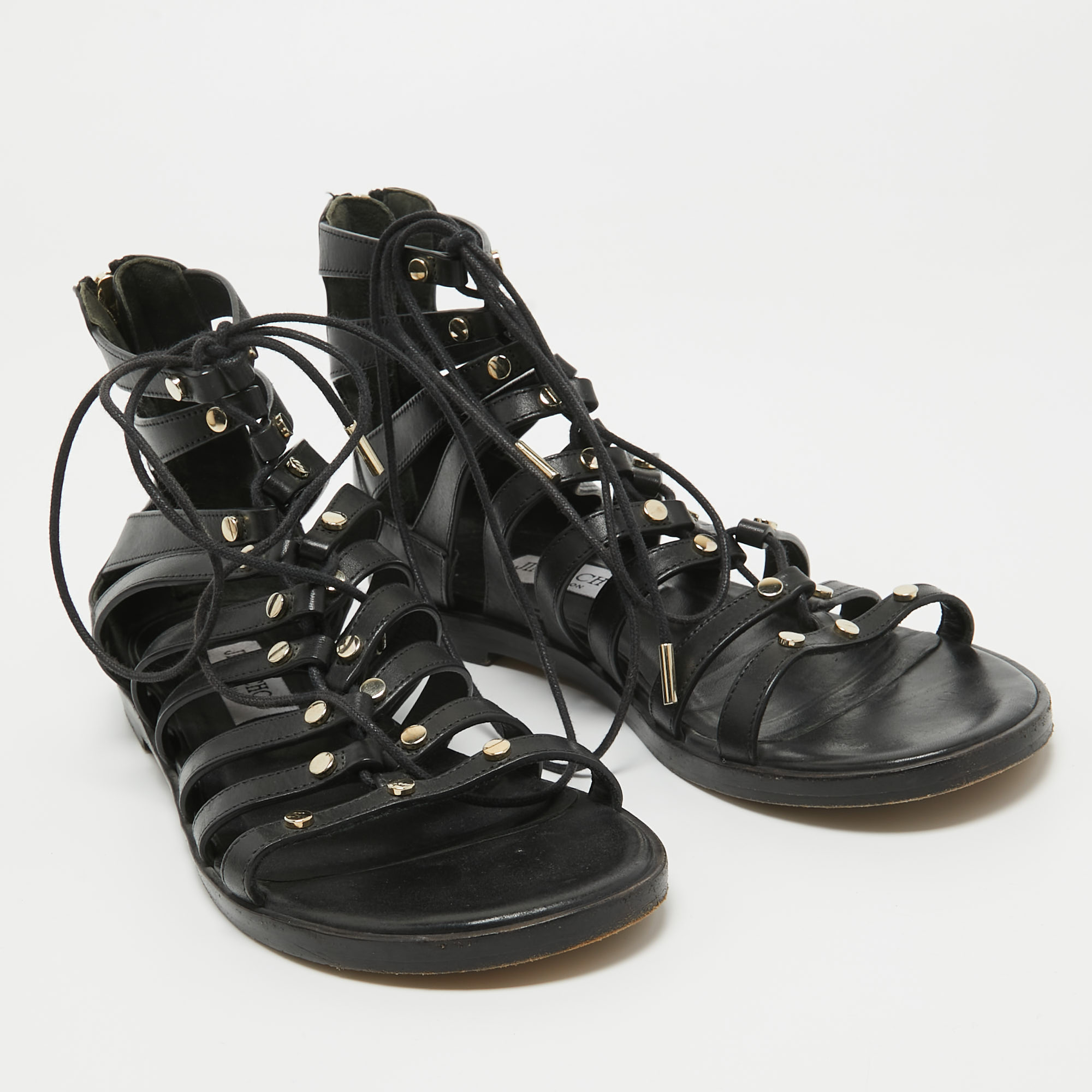 Jimmy Choo Black Leather Strappy Lace Up Flat Sandals Size 38
