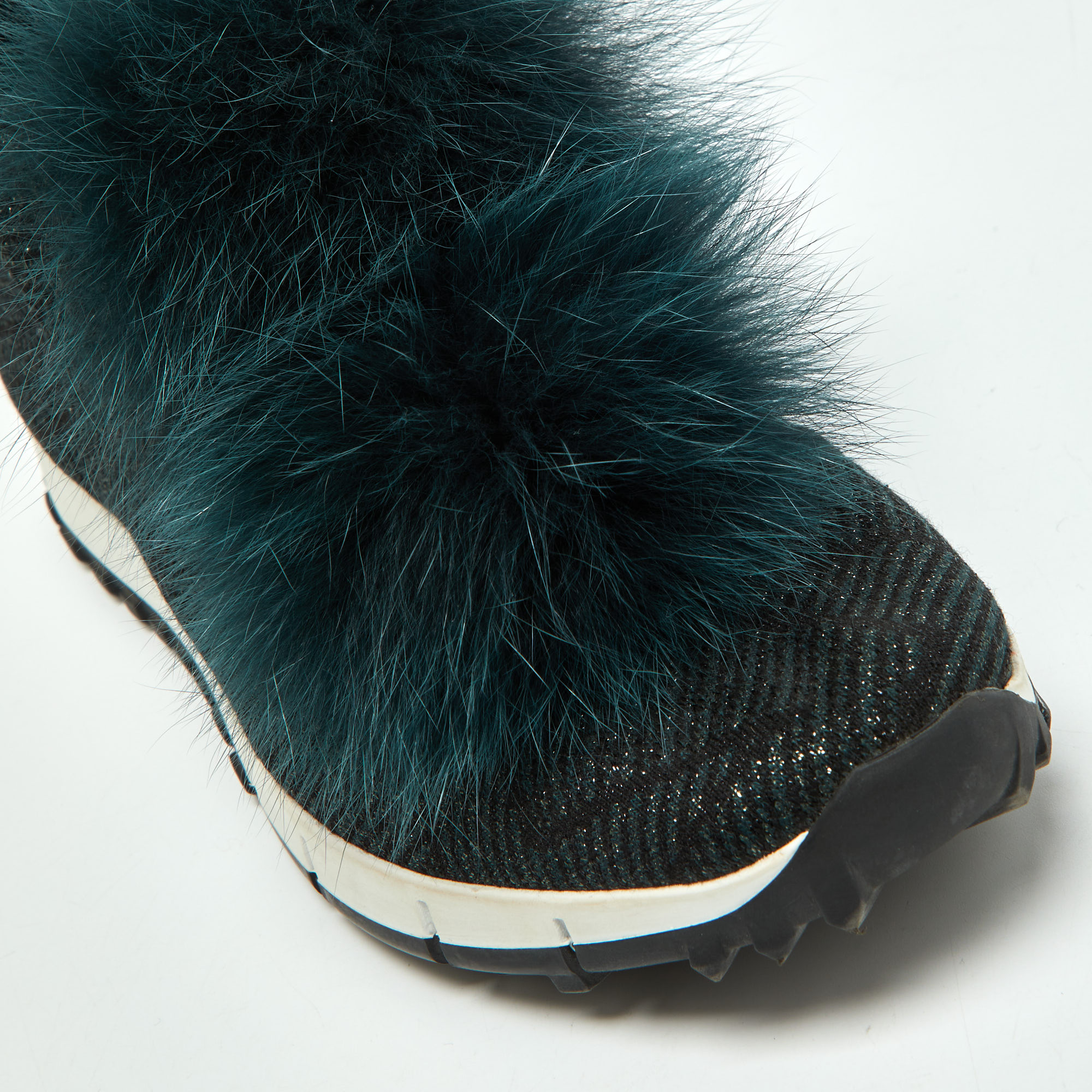 Jimmy Choo Deep Green Knit Fabric And Fur Pom Pom Norway Slip On Sneakers Size 35