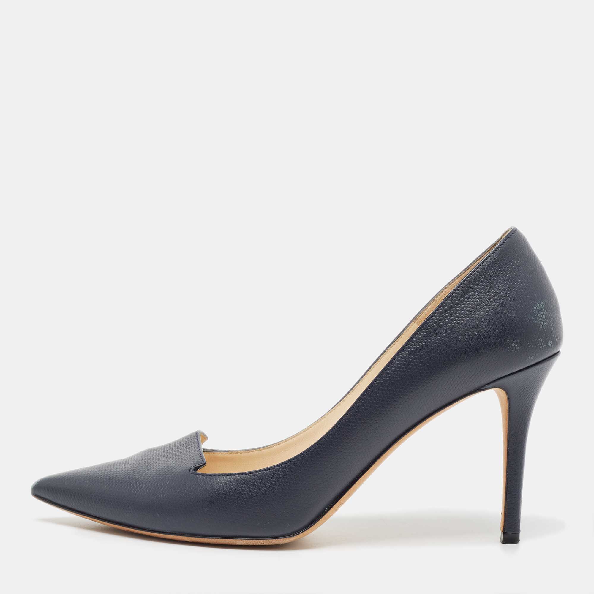 Jimmy Choo Dark Blue Leather Pointed Toe Pumps Size 38.5