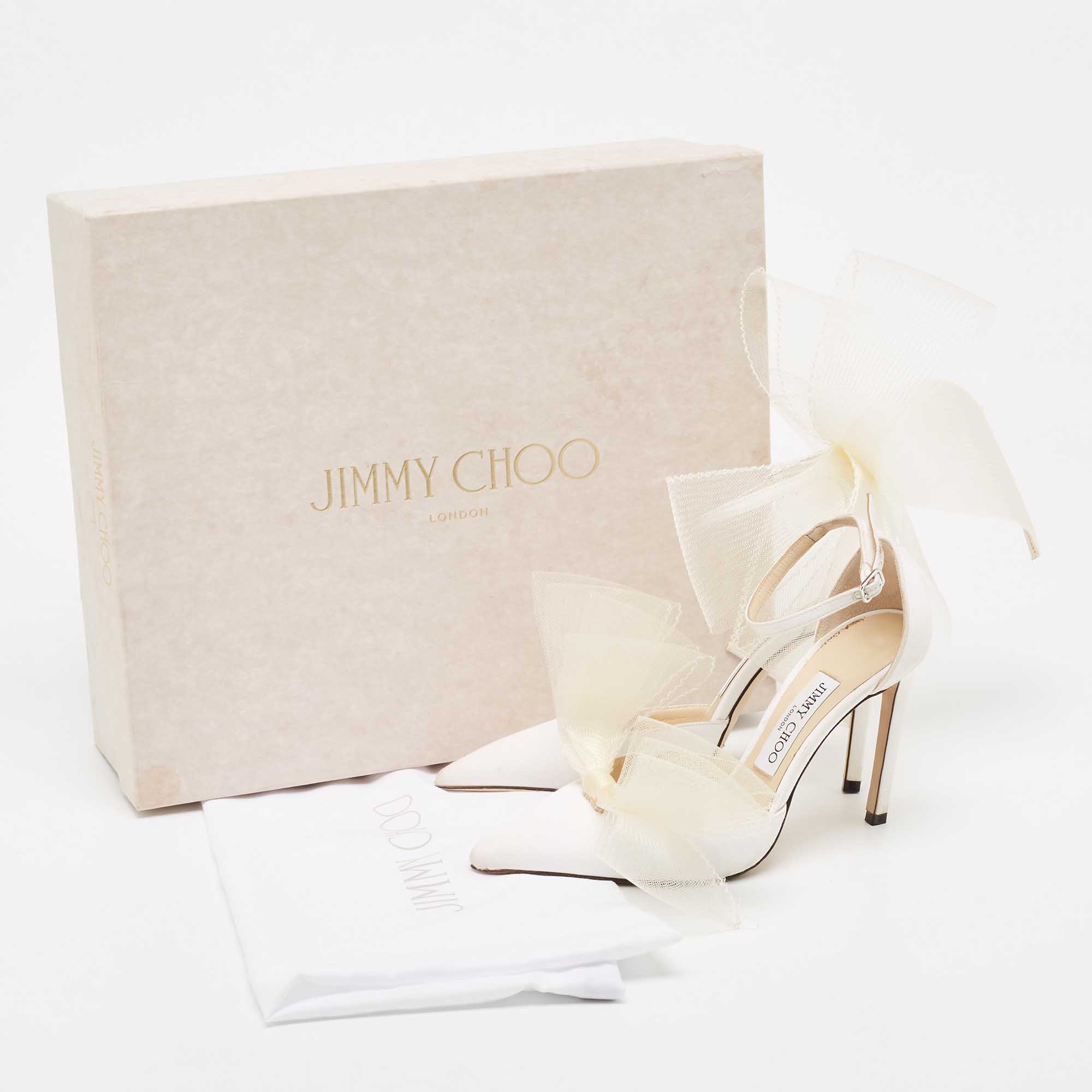 Jimmy Choo White Canvas And Mesh Aveline Bow Ankle Strap Pumps Size 37