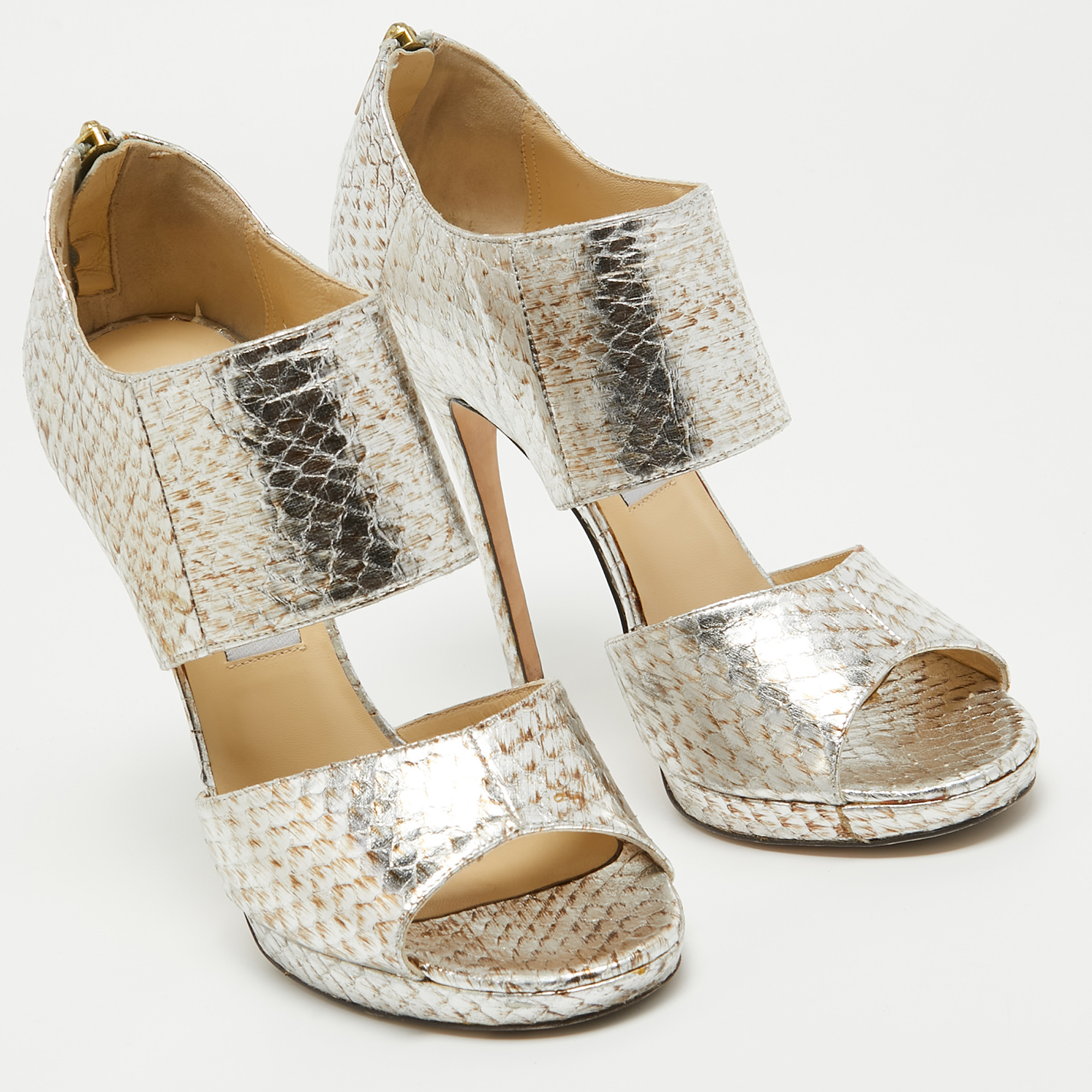Jimmy Choo Silver/Brown Python Embossed Leather Private Sandals Size 38.5