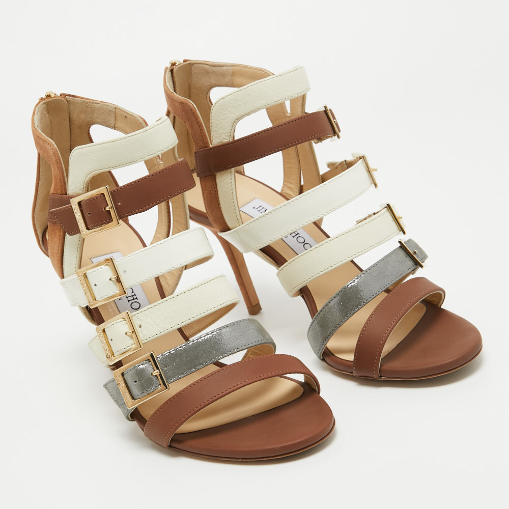 Jimmy Choo Multicolor Leather Bubble Buckle Strappy Open Toe Sandals Size 38.5