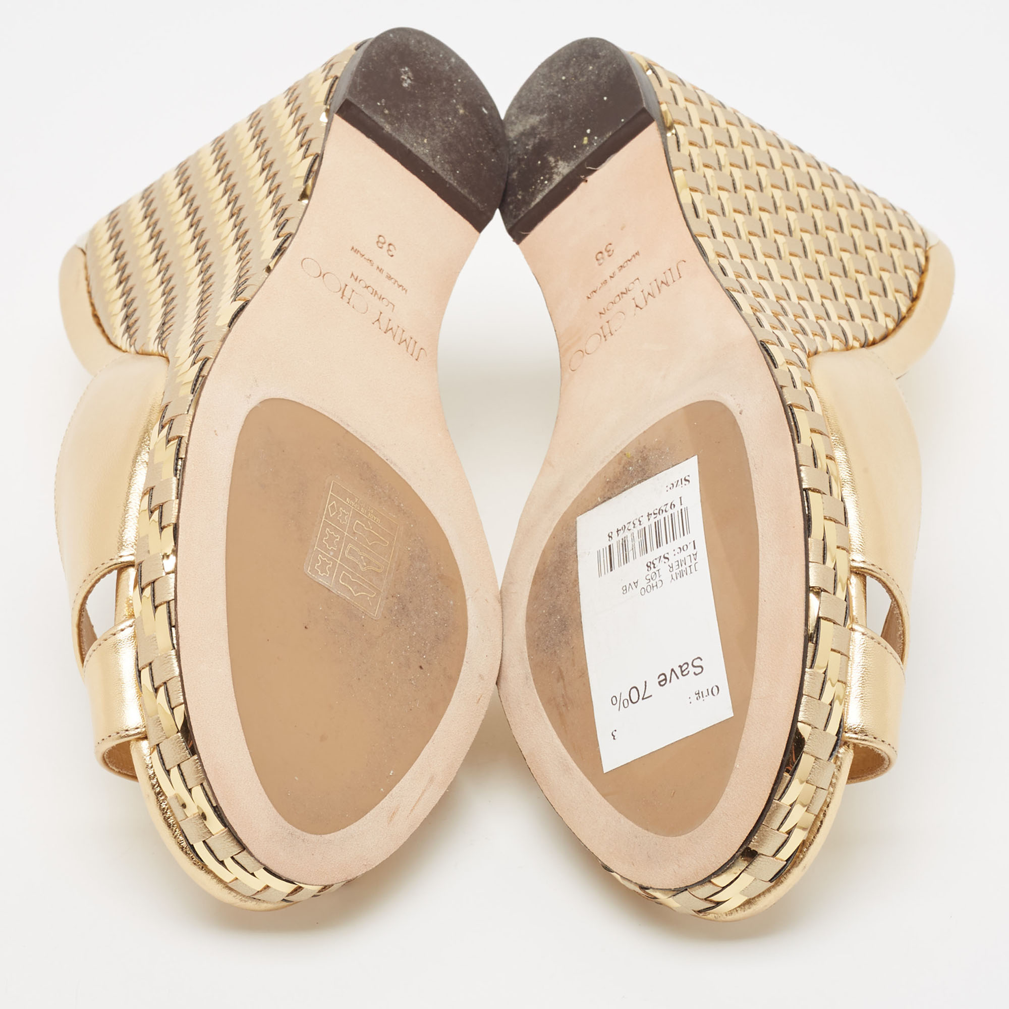 Jimmy Choo Gold Leather Almer Wedge Sandals Size 38