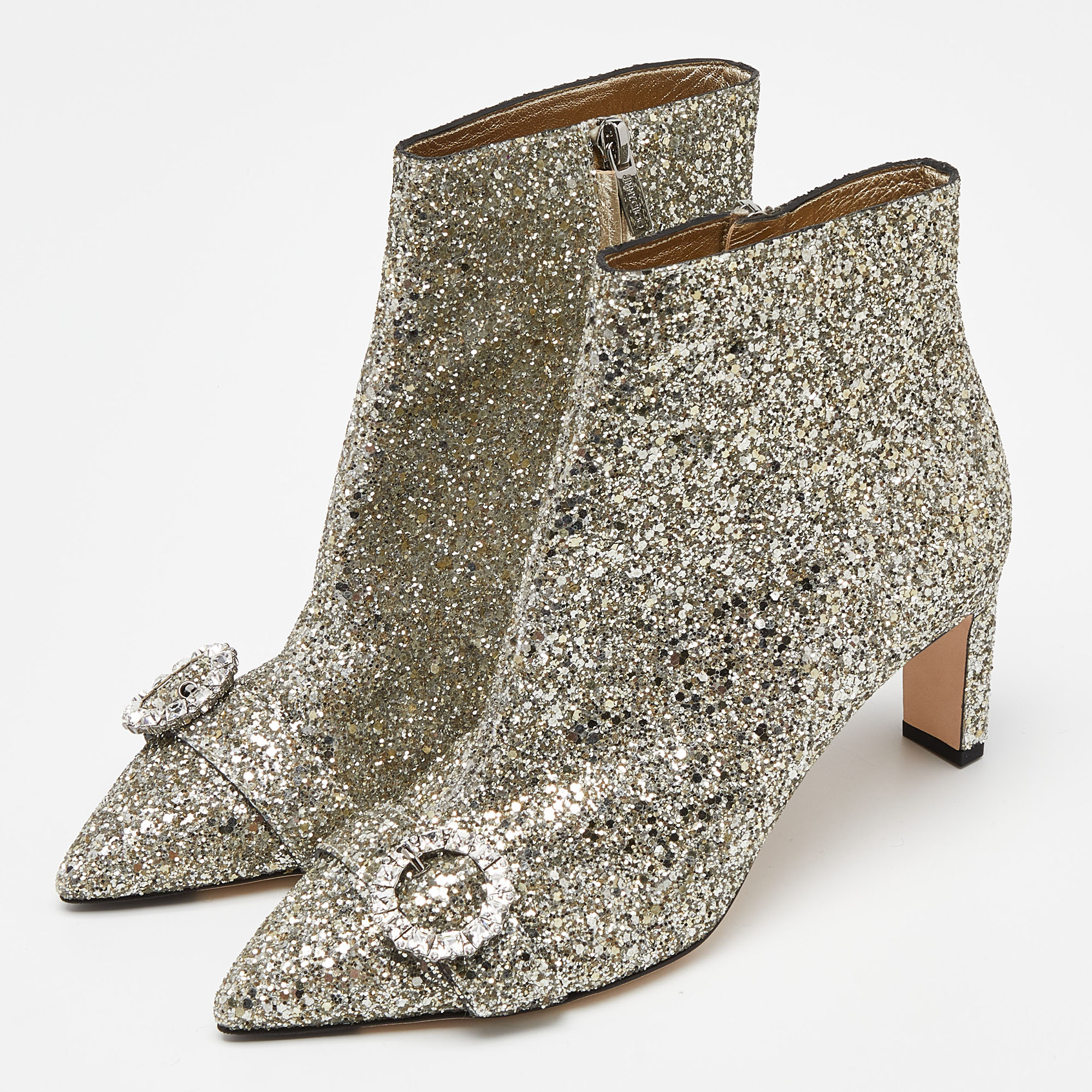 Jimmy Choo Metallic Silver Glitter Hanover Crystal Embellished Pointed Toe Booties Size 39