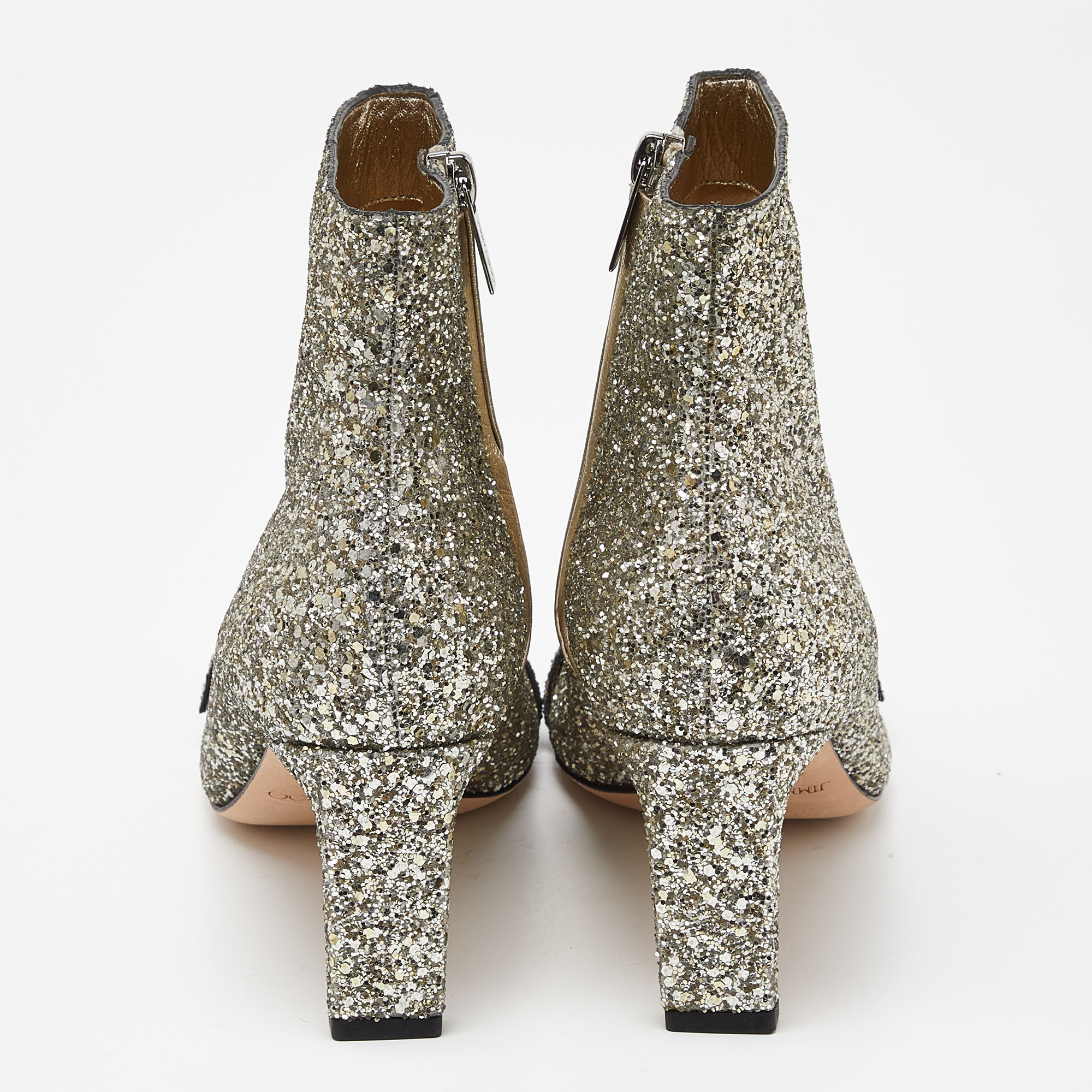 Jimmy Choo Metallic Silver Glitter Hanover Crystal Embellished Pointed Toe Booties Size 39