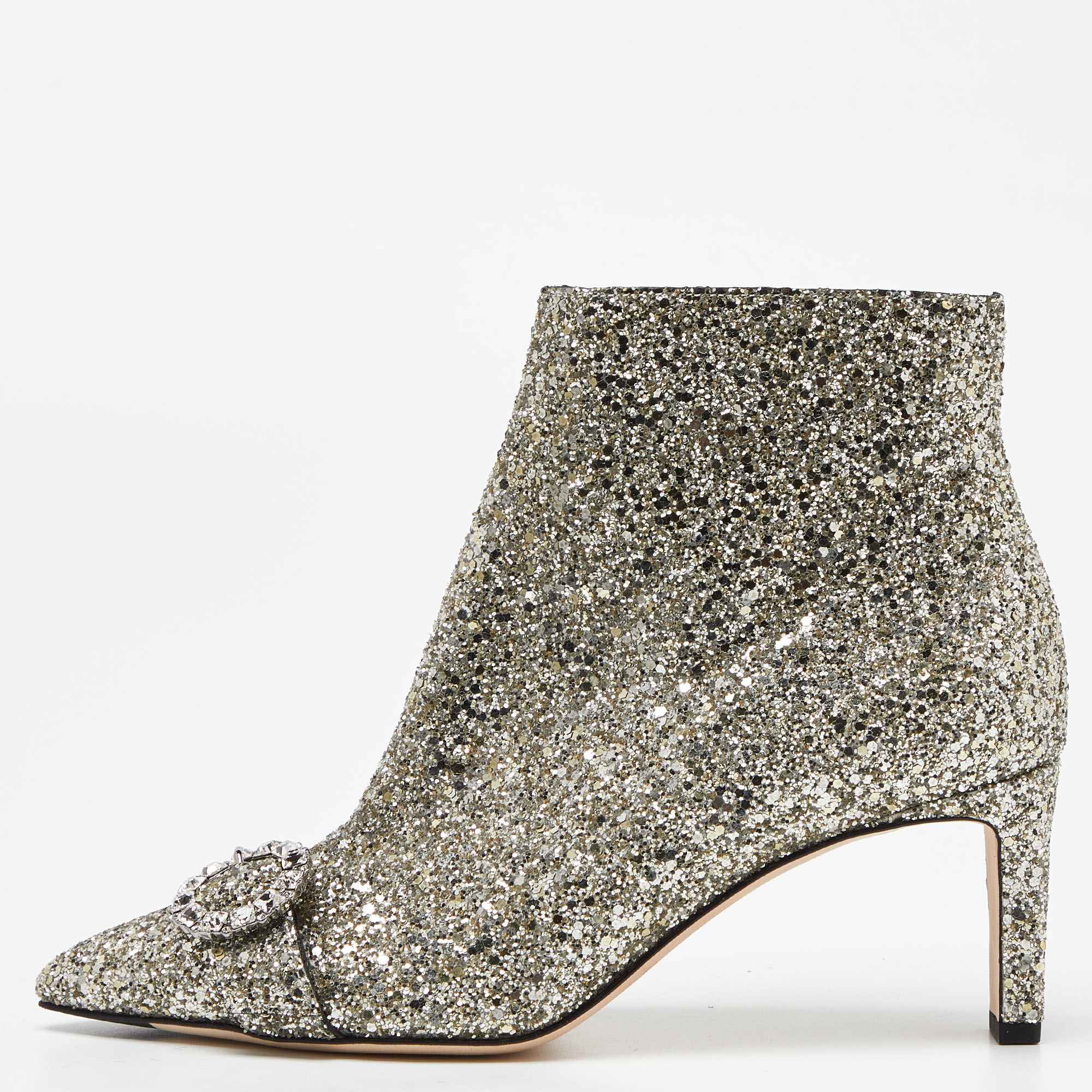 Jimmy choo metallic silver glitter hanover crystal embellished pointed toe booties size 39