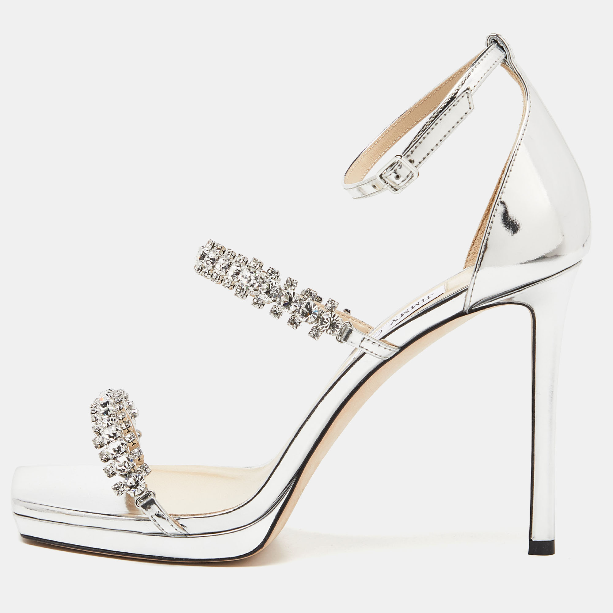 Jimmy choo silver laminated leather crystal embellished ankle strap sandals size 41