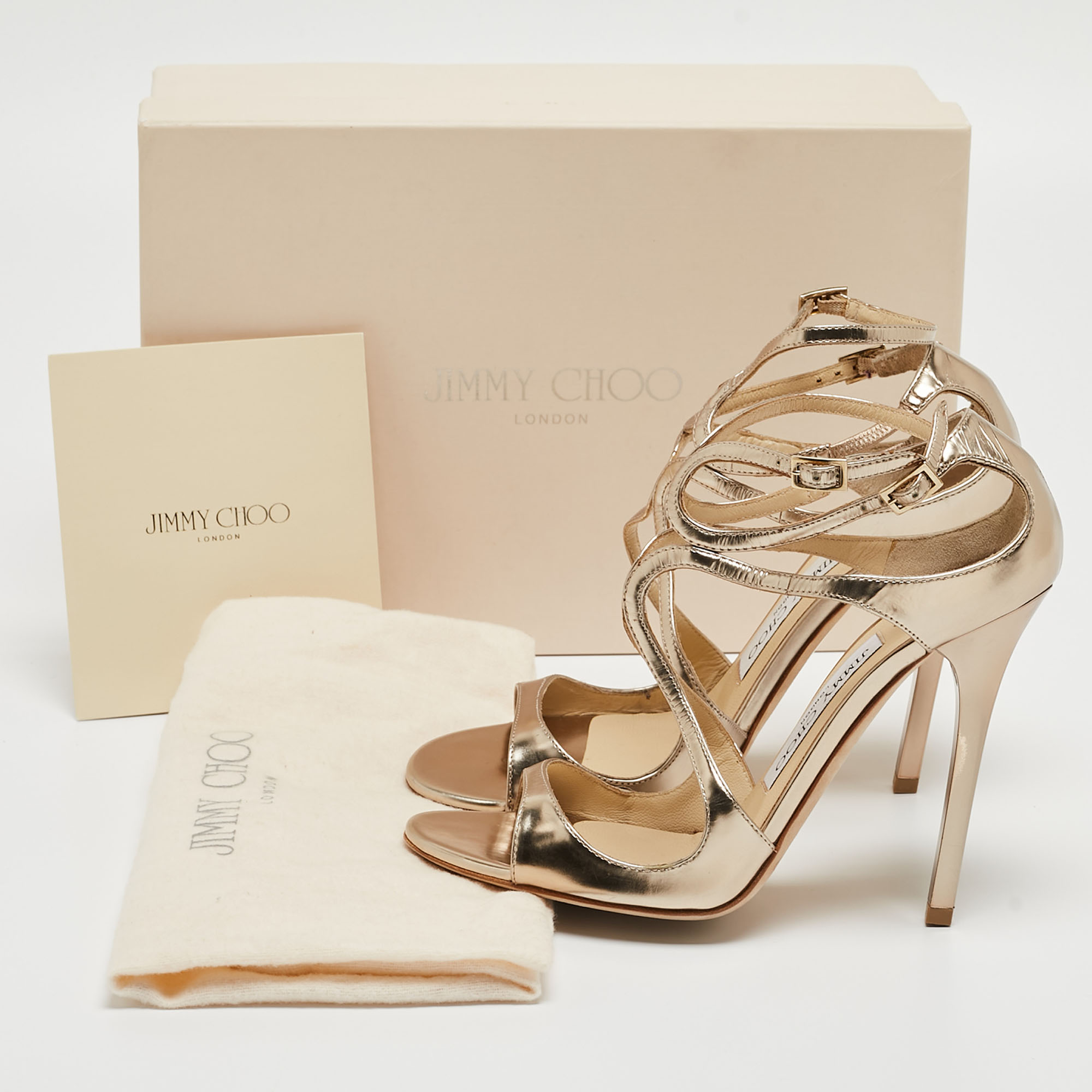 Jimmy Choo Gold Leather Lang Ankle Strap Sandals Size 36