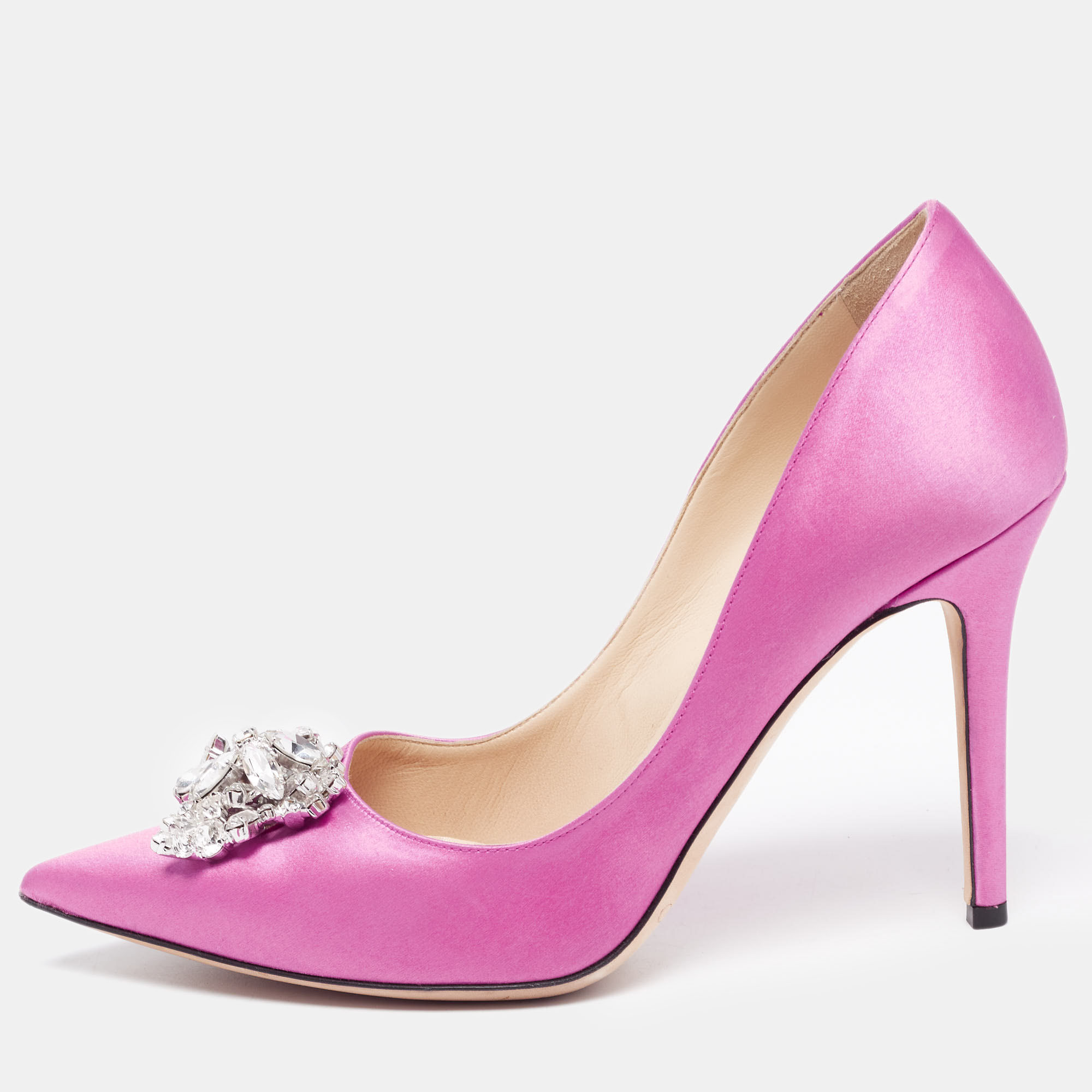 Jimmy choo pink satin manda crystal embellished pointed toe pumps size 37.5