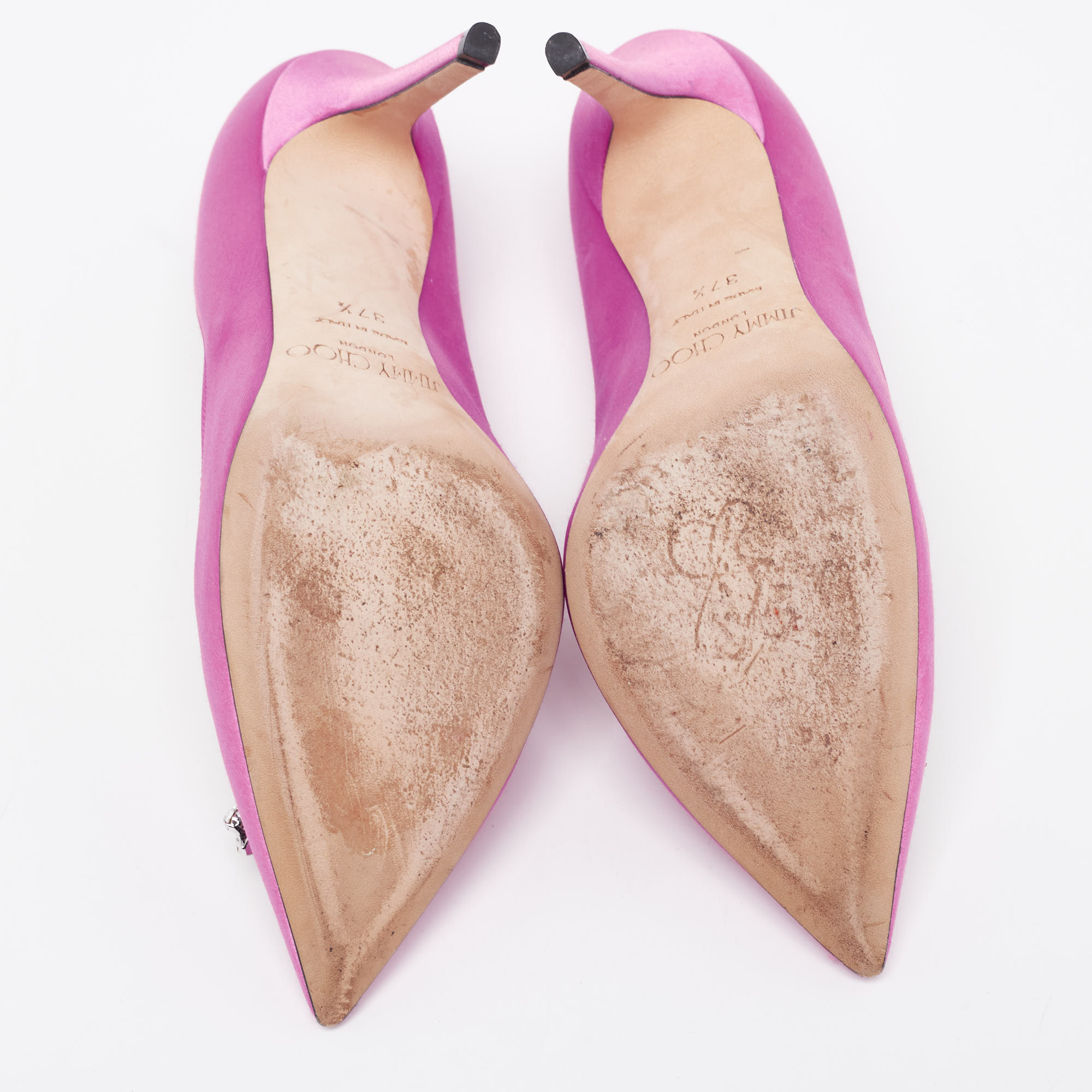 Jimmy Choo Pink Satin Manda Crystal Embellished Pointed Toe Pumps Size 37.5