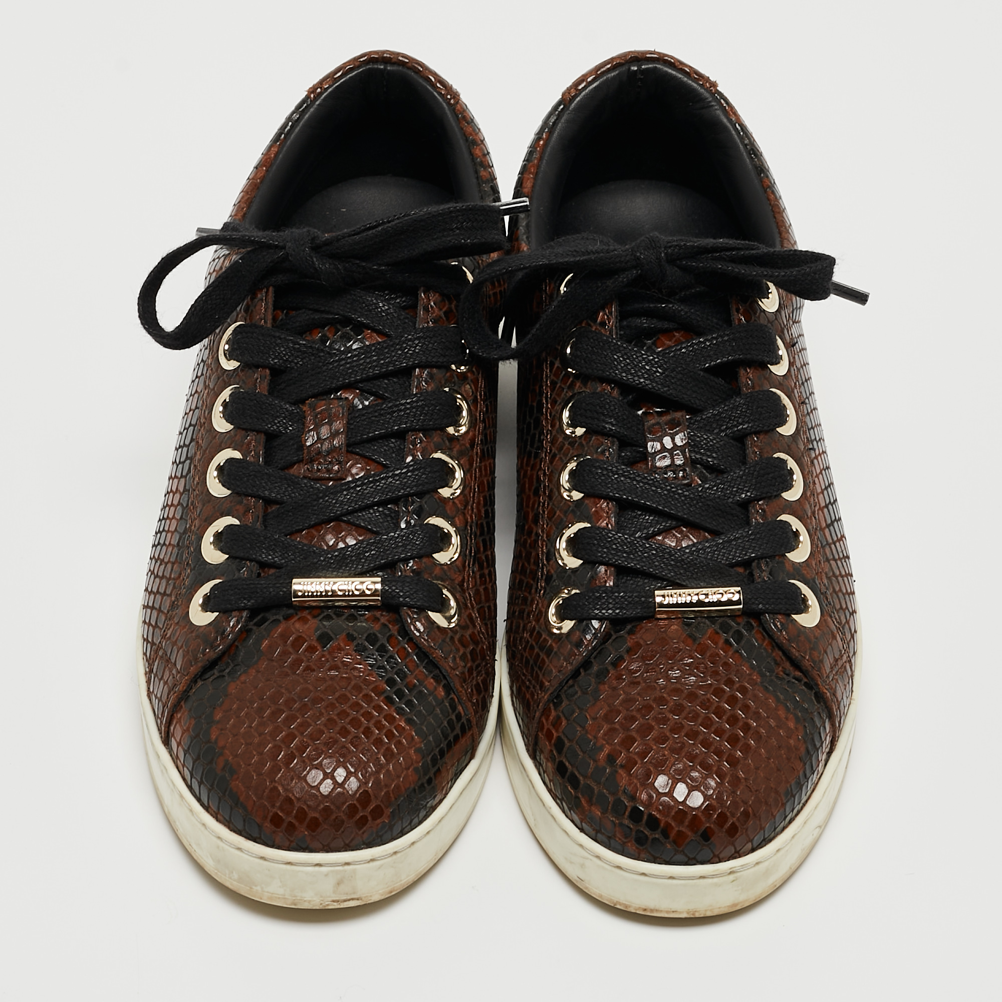 Jimmy Choo Brown Python Embossed Leather Lace Up Sneakers Size 36.5