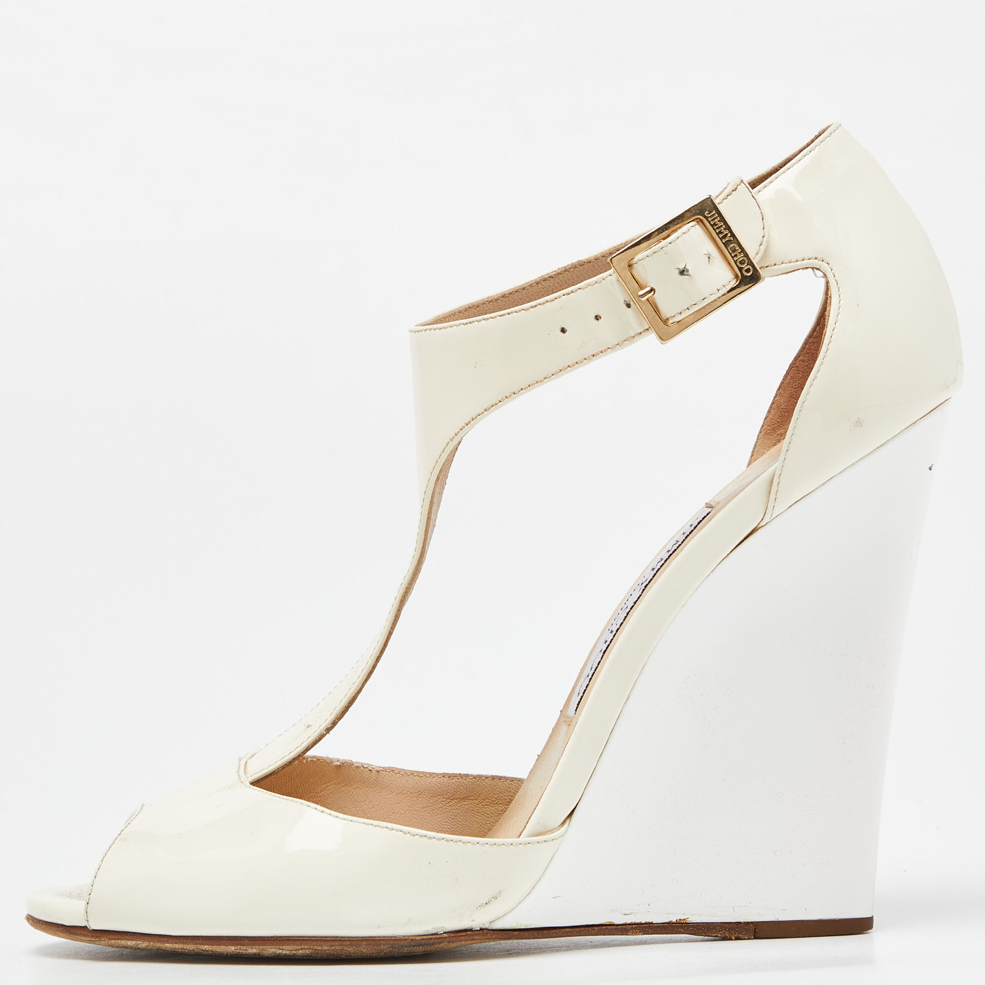 Jimmy choo white/cream patent leather token t strap wedges size 38.5