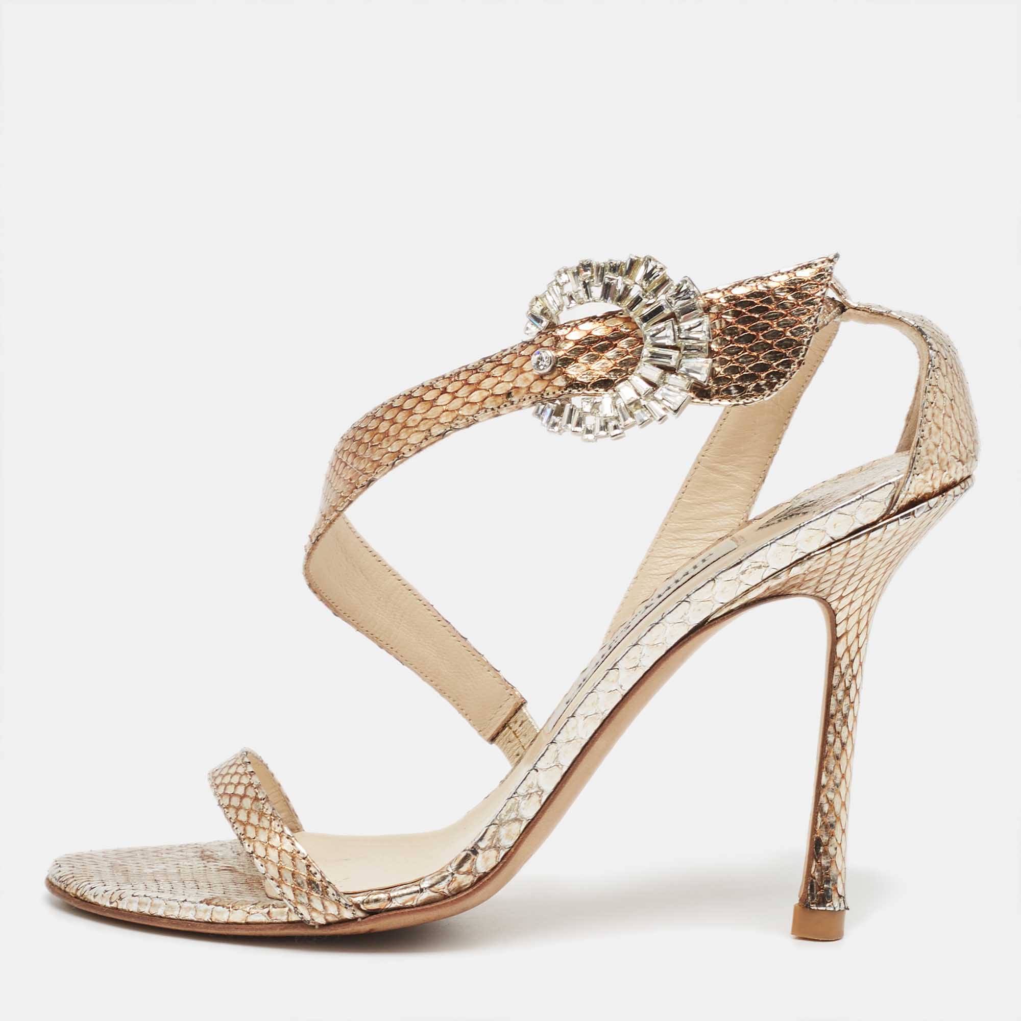 Jimmy choo metallic snakeskin leather crystal embellished ankle strap sandals size 36