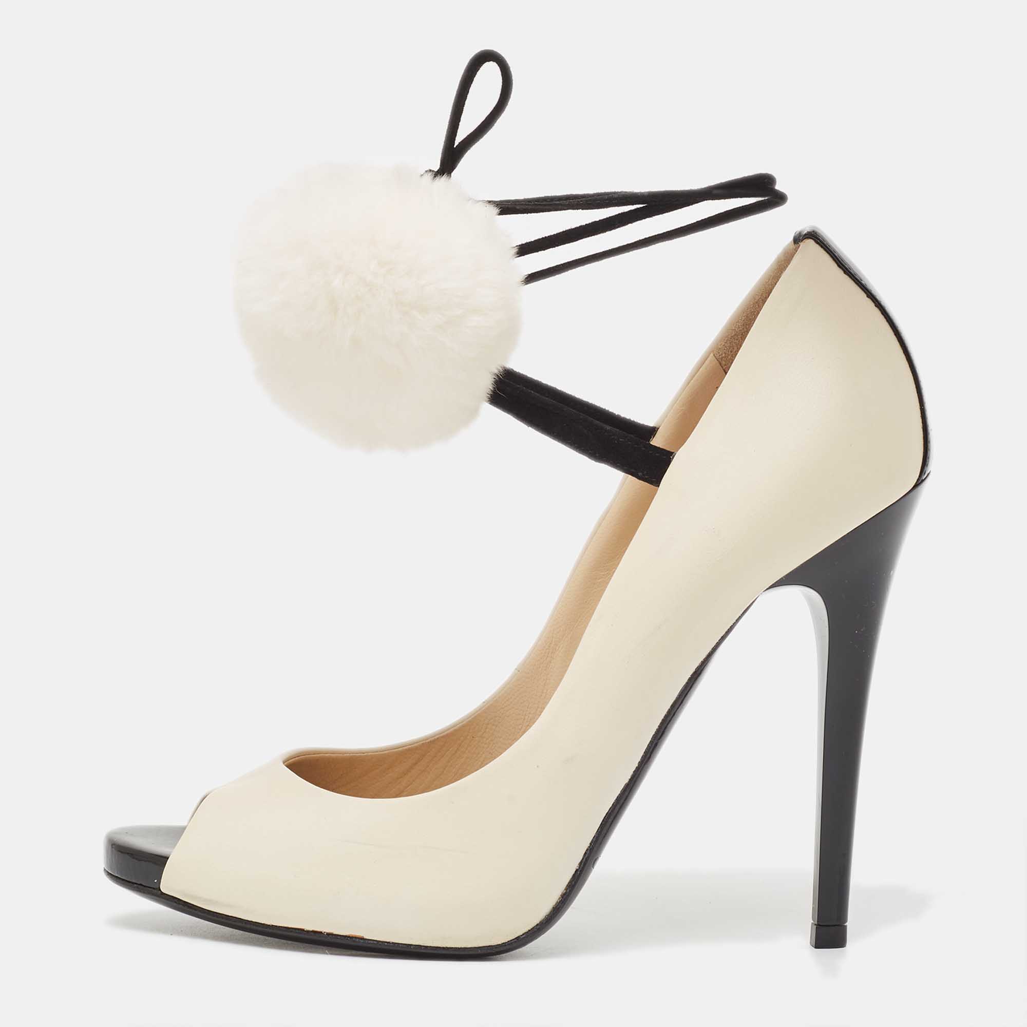 Jimmy choo off white leather pom pom ankle tie peep toe pumps size 37.5