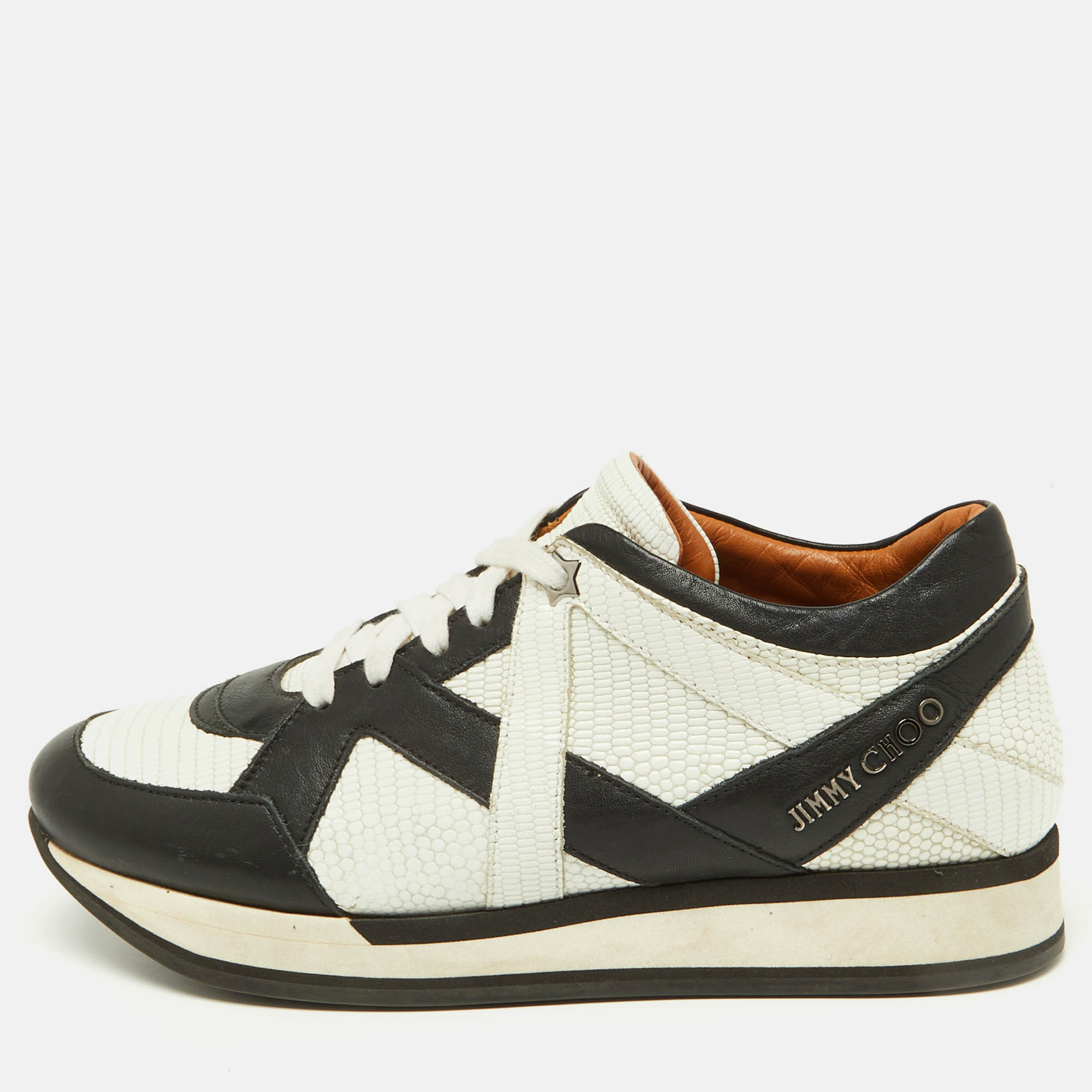 Jimmy choo black/white lizard embossed leather low top sneakers size 38.5