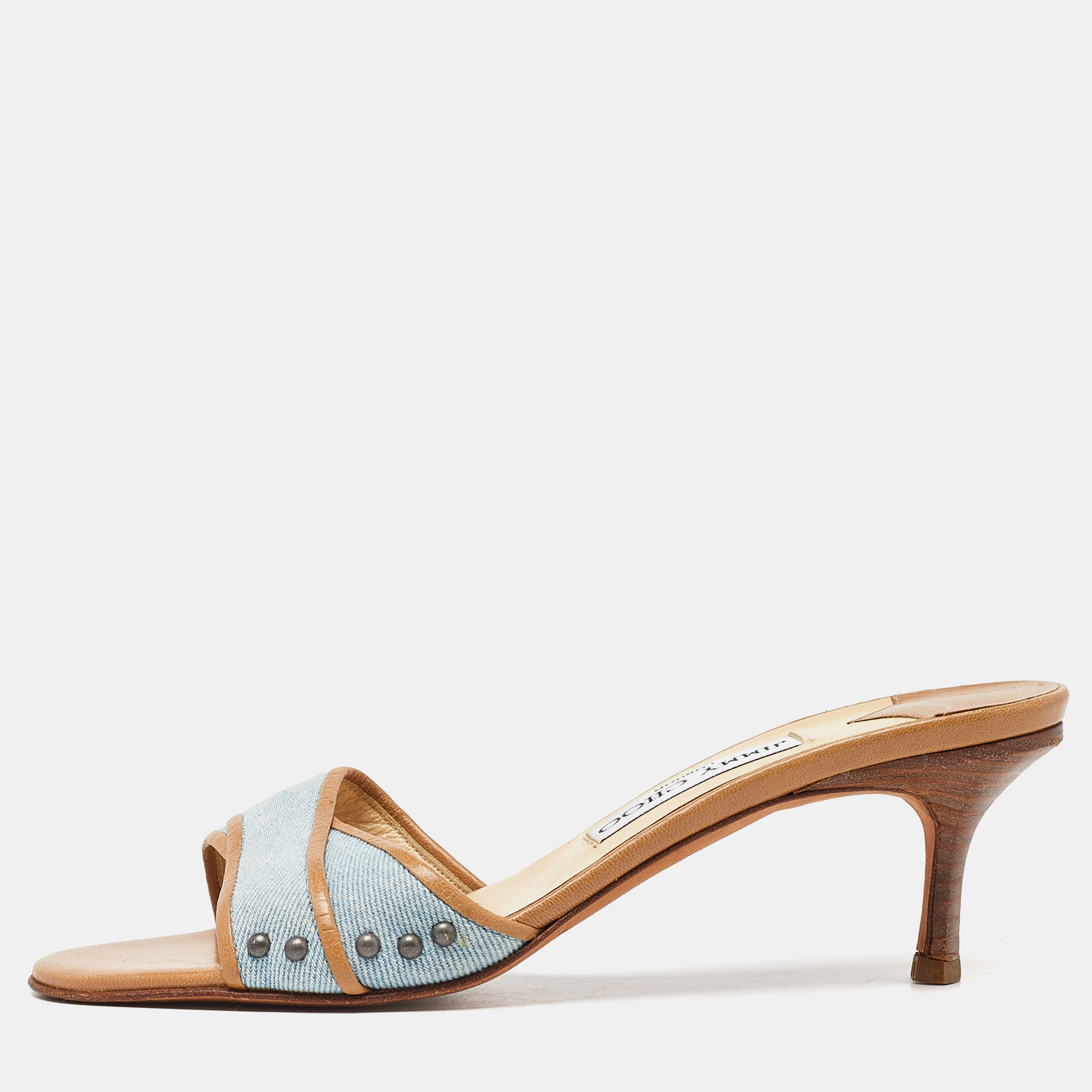 Jimmy choo navy blue/beige leather studded open toe slide sandals size 37.5
