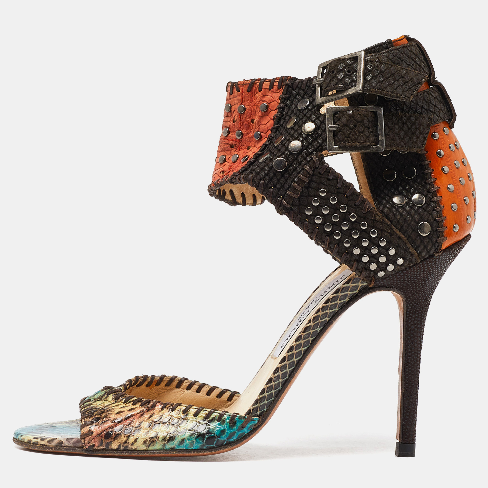 Jimmy choo multicolor python leather studded ankle cuff sandals size 39