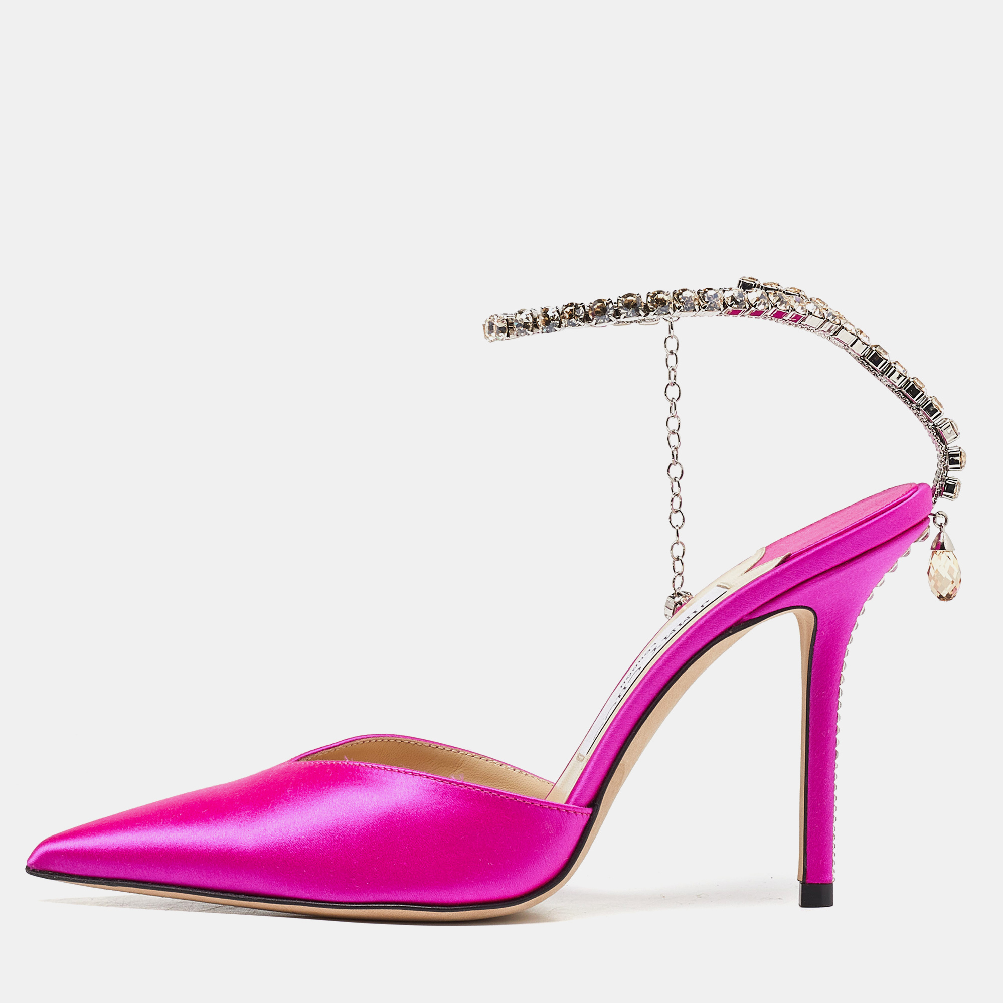 Jimmy choo fuchsia satin saeda crystals ankle strap pumps size 38.5