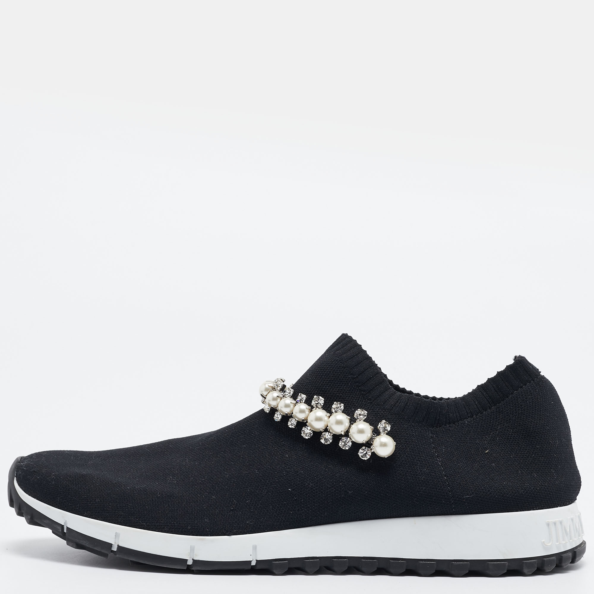 Jimmy choo black knit fabric crystal embellished verona sneakers size 39