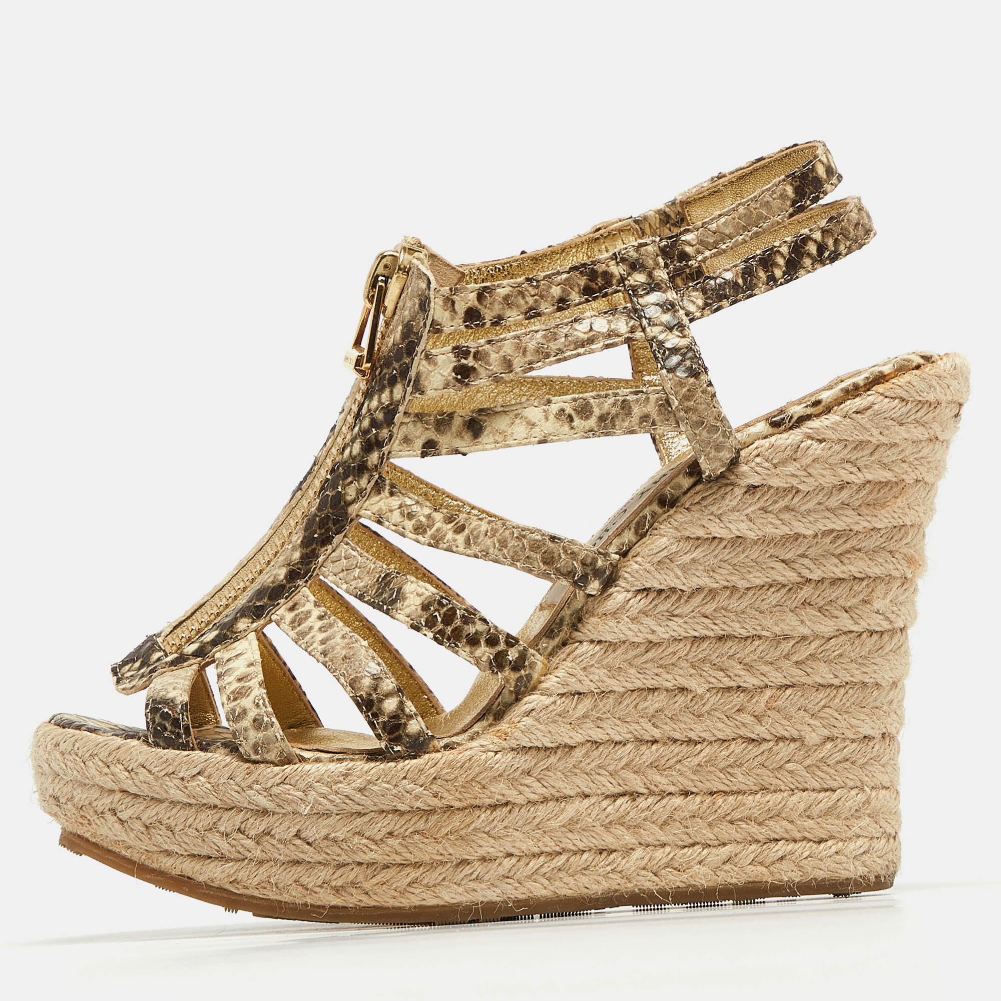 Jimmy choo two tone embossed snakeskin zip detail strappy espadrille wedge sandals size 37
