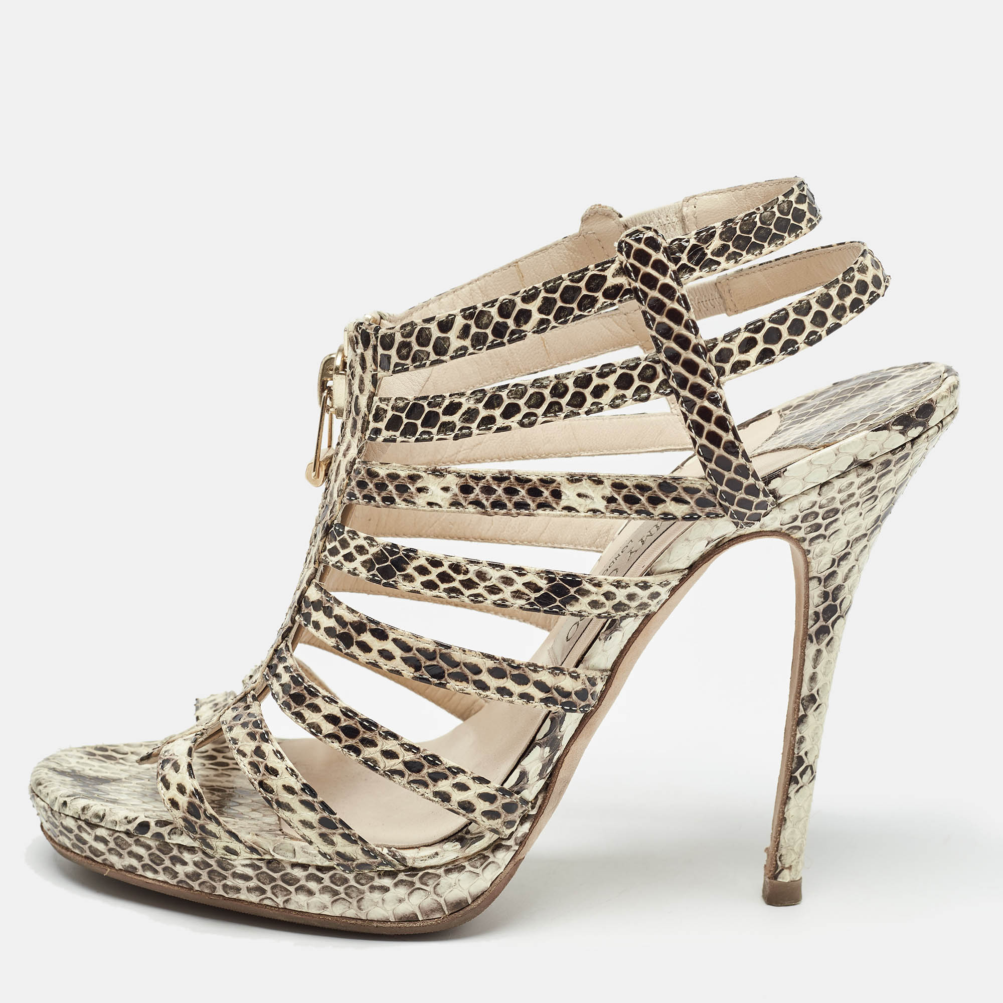 

Jimmy Choo Brown/Beige Embossed Snakeskin Zip Detail Strappy Sandals Size