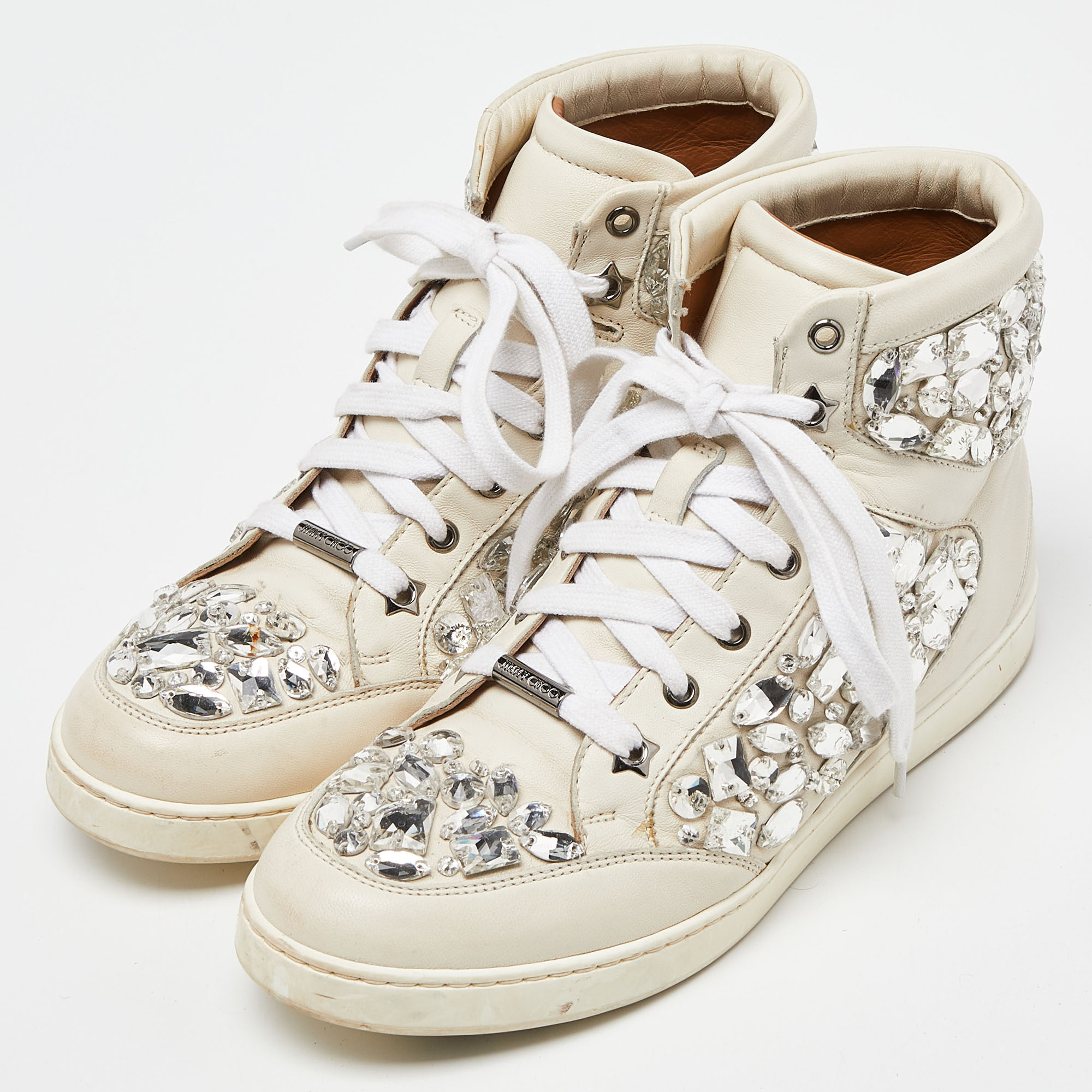 Jimmy Choo White Leather Tokyo Crystal Embellished High Top Sneakers Size 37.5