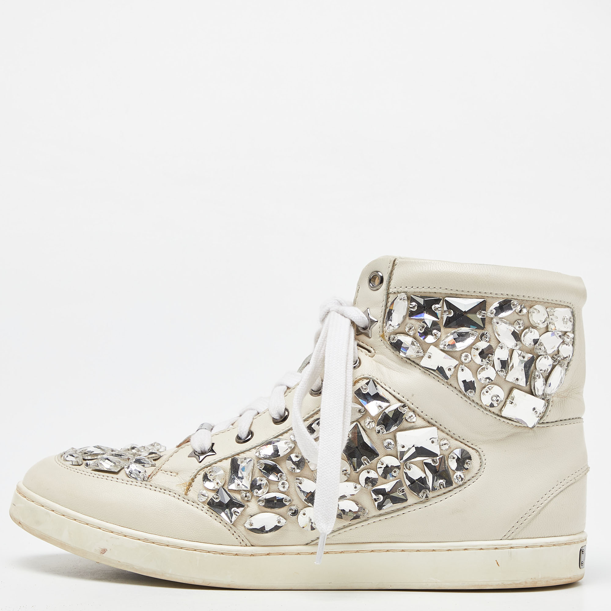 Jimmy choo white leather tokyo crystal embellished high top sneakers size 37.5
