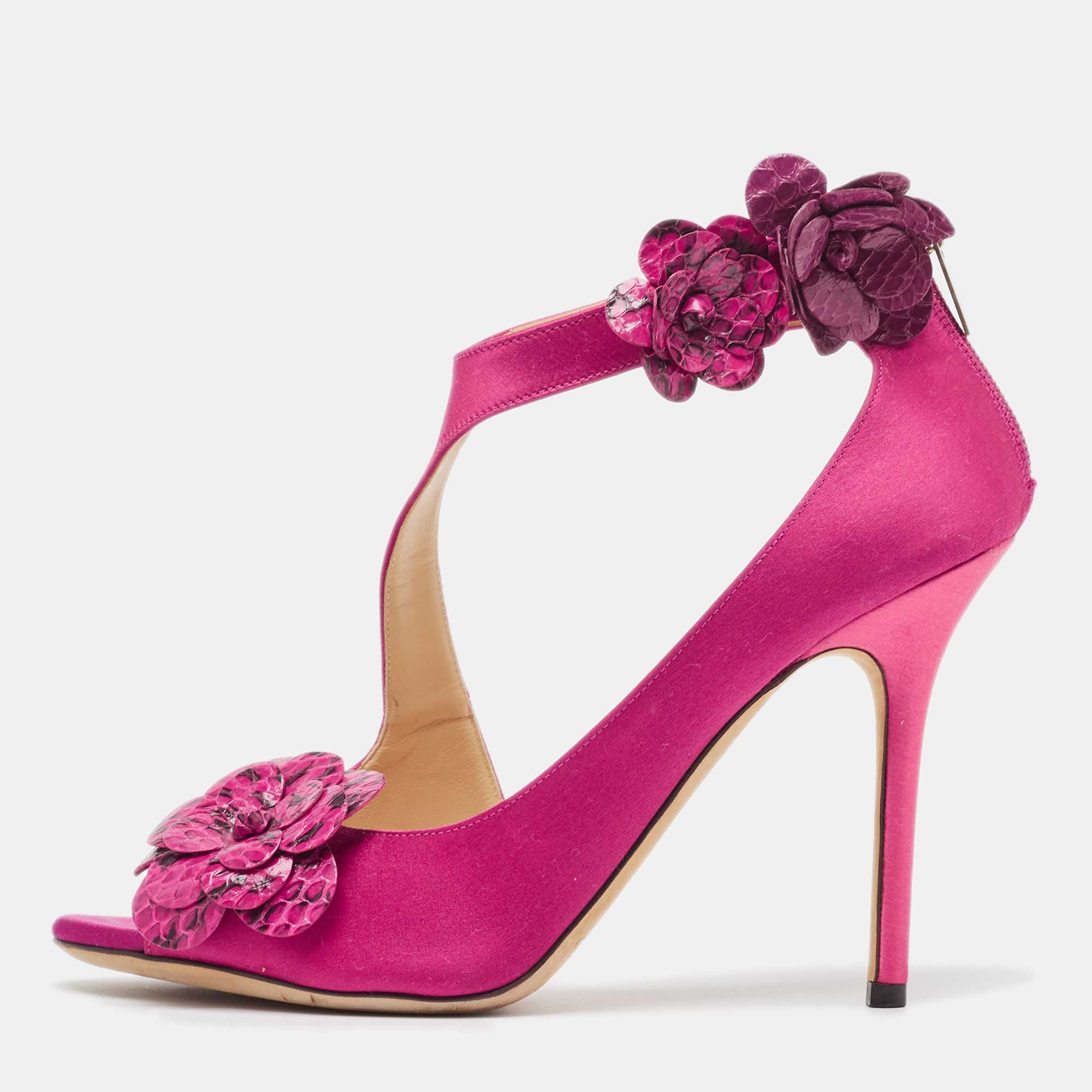 Jimmy choo pink satin and python flower applique sandals size 39.5