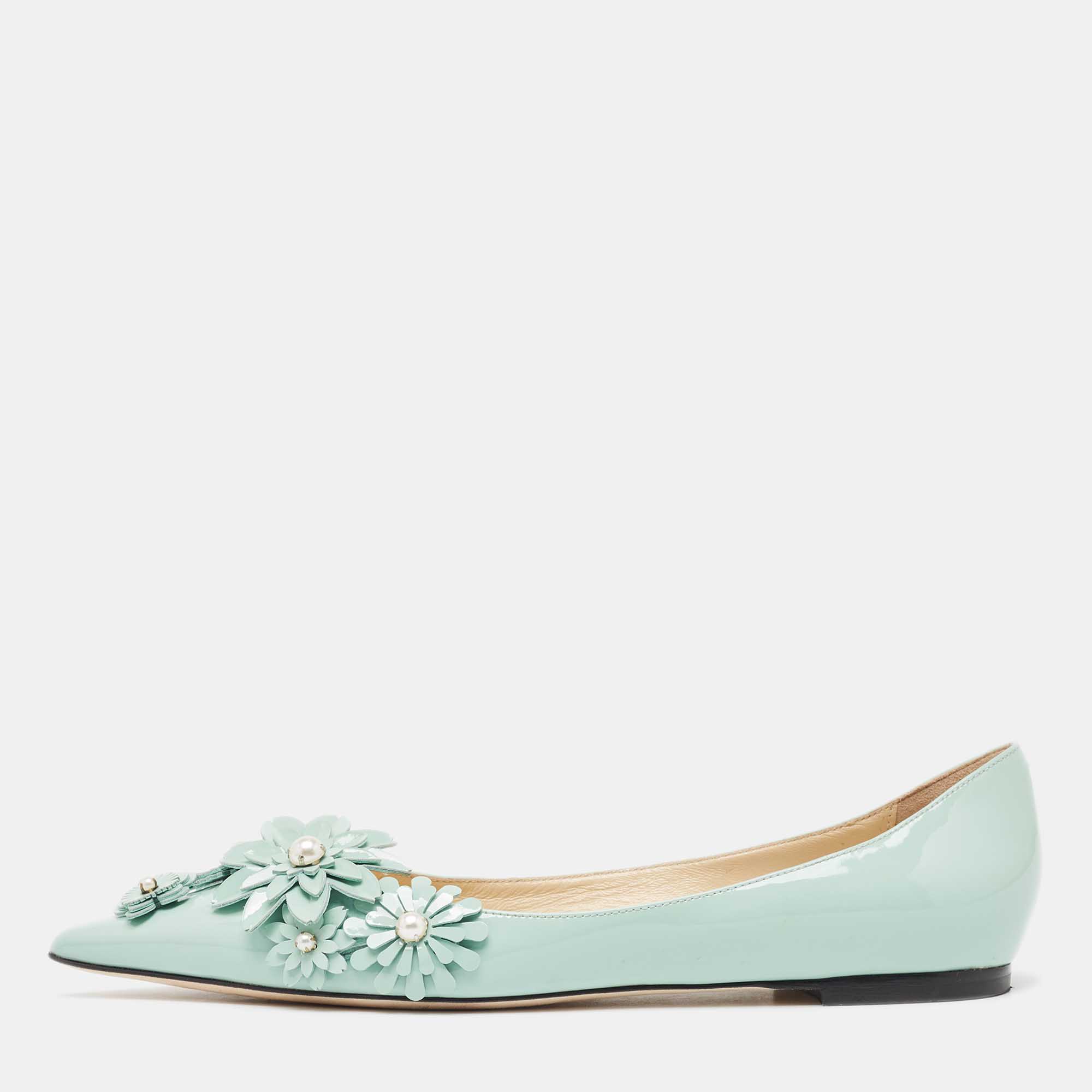 Jimmy choo mint green patent leather embellished ballet flats size 37