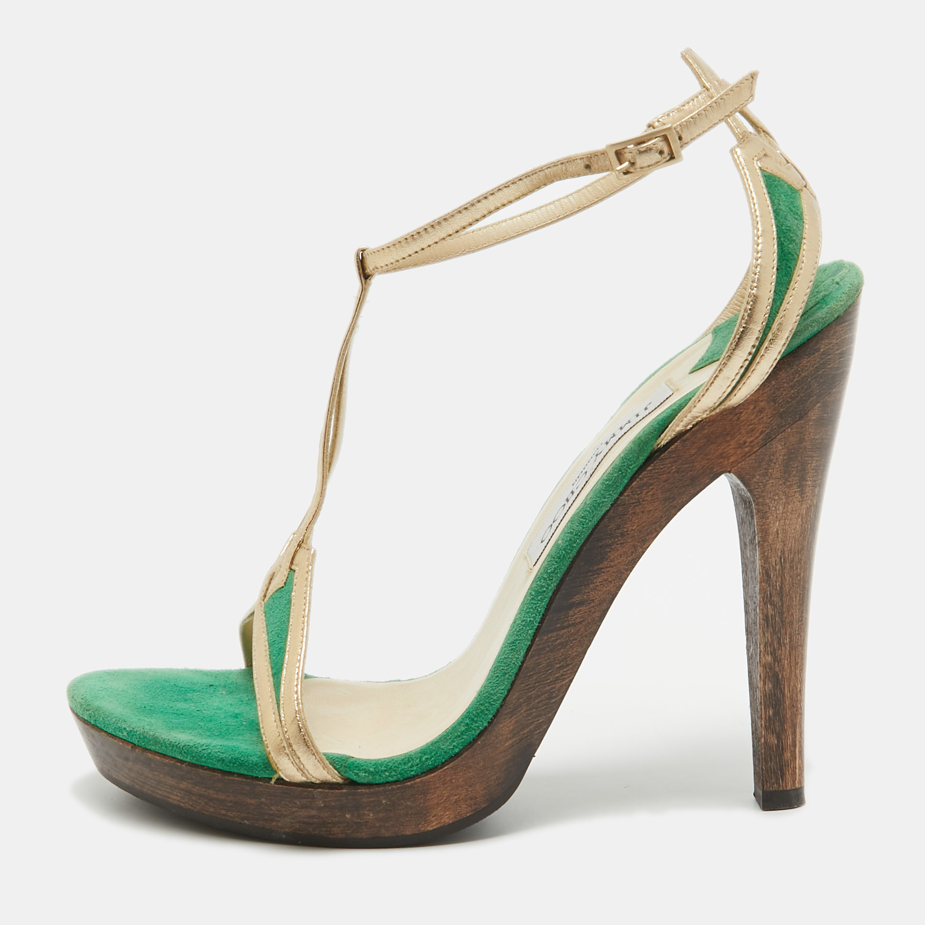 Jimmy choo green/gold suede and leather t-bar ankle strap sandals size 39