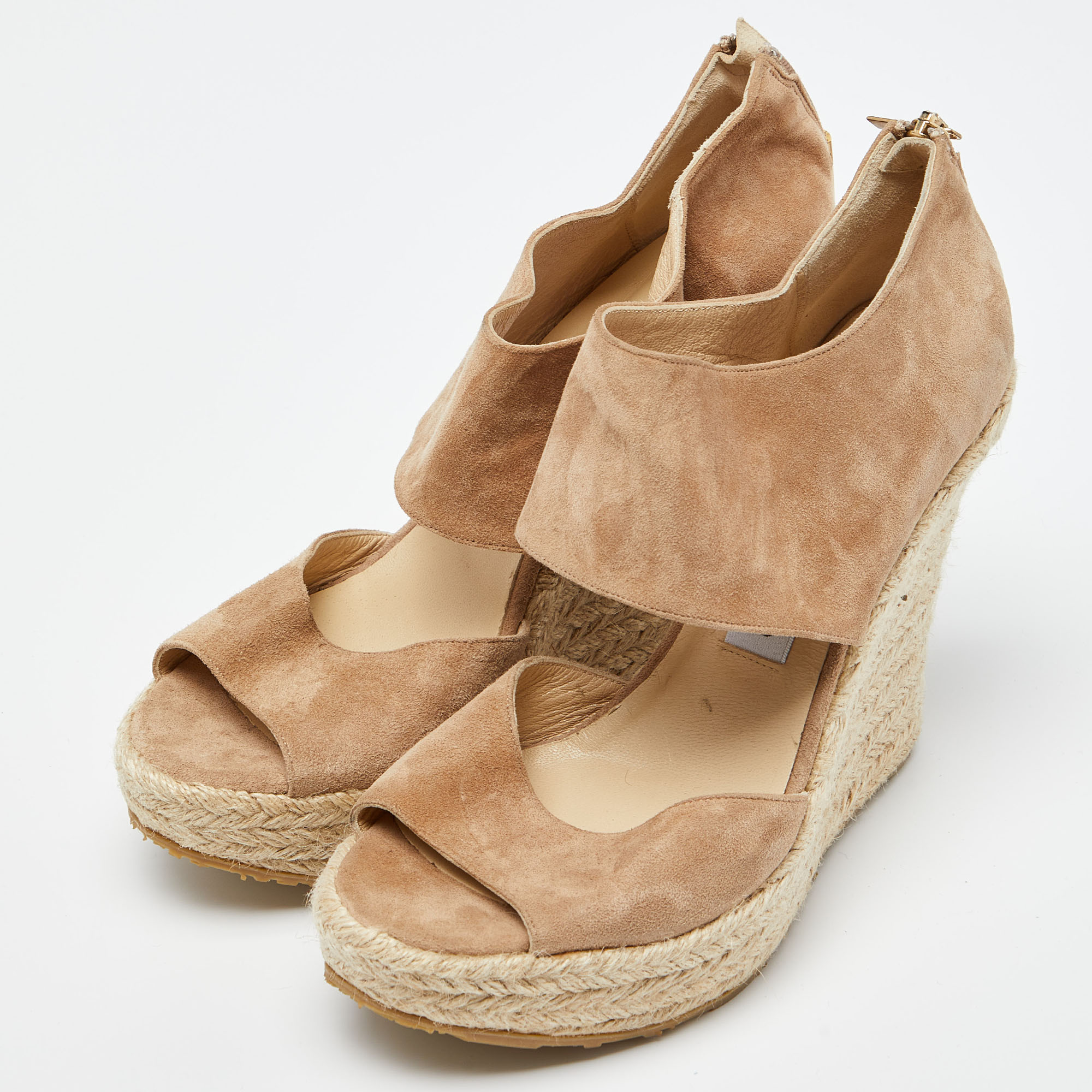 Jimmy Choo Beige Suede Wedge Espadrille Ankle Strap Sandals Size 38.5