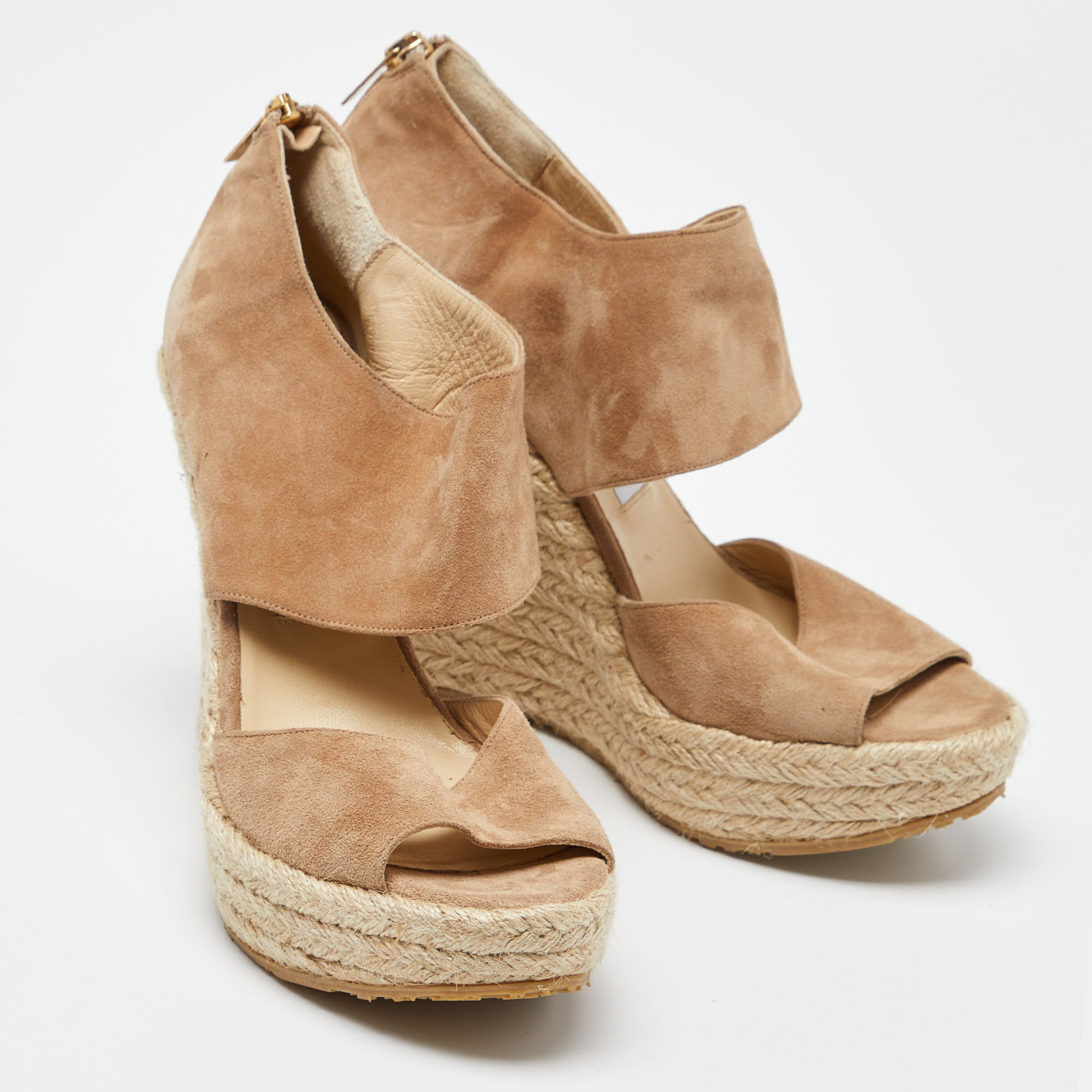 Jimmy Choo Beige Suede Wedge Espadrille Ankle Strap Sandals Size 38.5