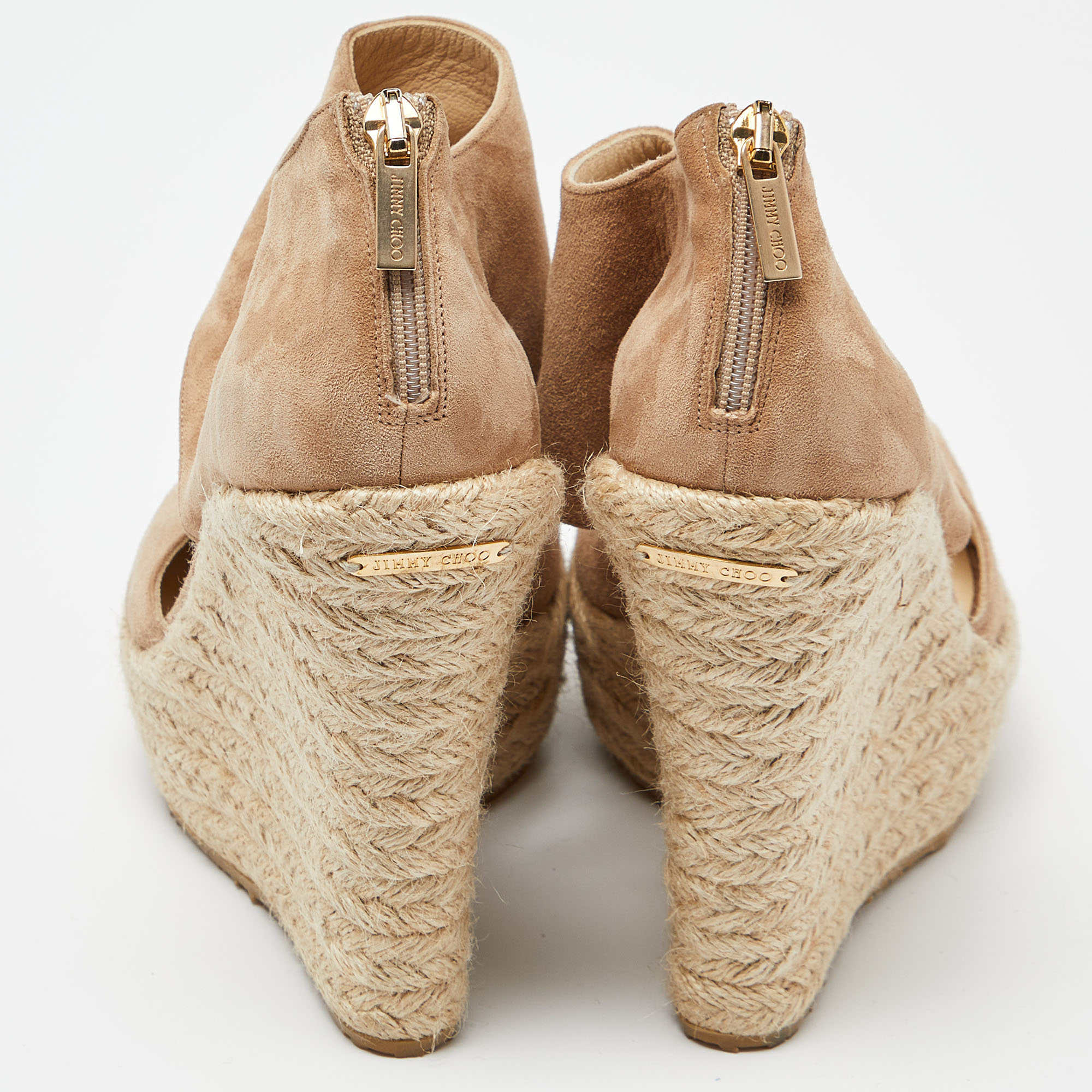 Jimmy Choo Beige Suede Wedge Espadrille Ankle Strap Sandals Size 38.5