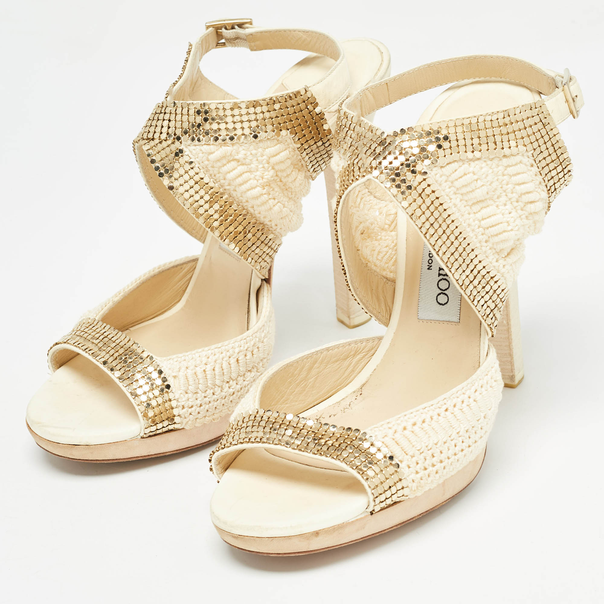 Jimmy Choo Knit Fabric Embellished Ankle Strap Sandals Size 39