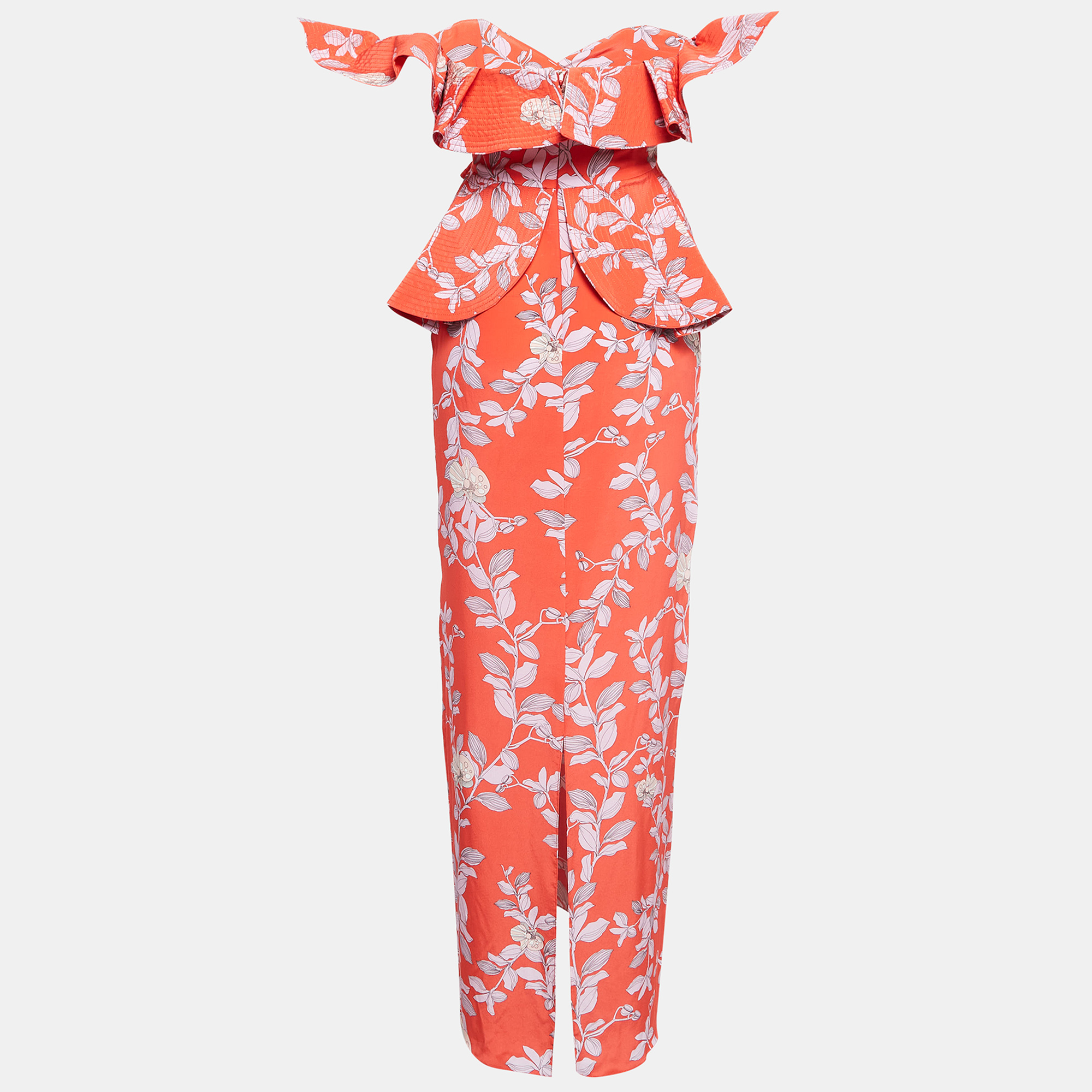 Johanna Ortiz Red Bougainvillea Print Silk Off-Shoulder Maxi Dress M