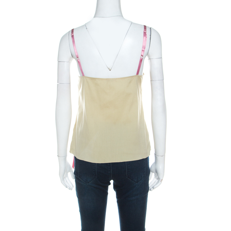 John Galliano Green Stretch Cotton And Lace Bow Detail Camisole Top M
