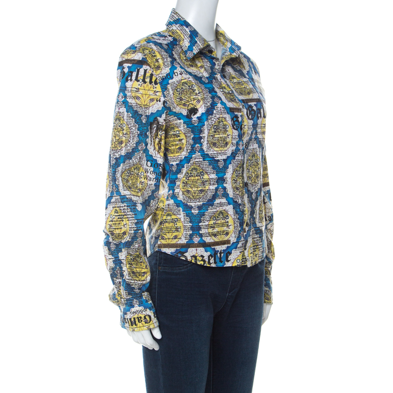 

John Galliano Blue and Yellow Printed Cotton Button Front Shirt