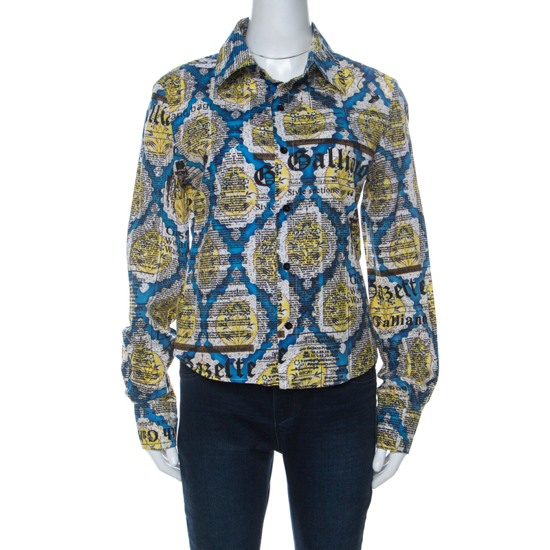 Image of John Galliano Blue and Yellow Printed Cotton Button Front Shirt L