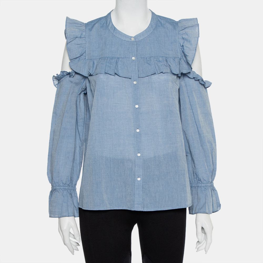 Joie blue cotton cold shoulder ruffled button front akari top m