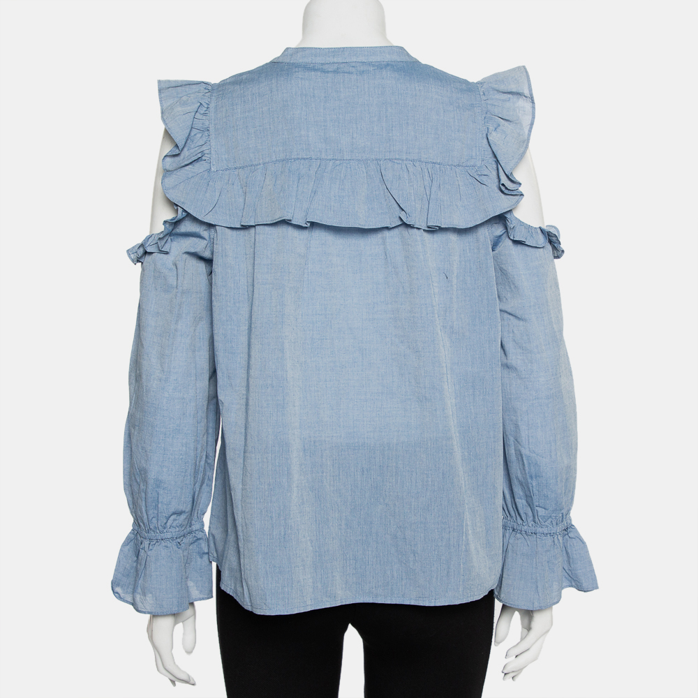Joie Blue Cotton Cold Shoulder Ruffled Button Front Akari Top M