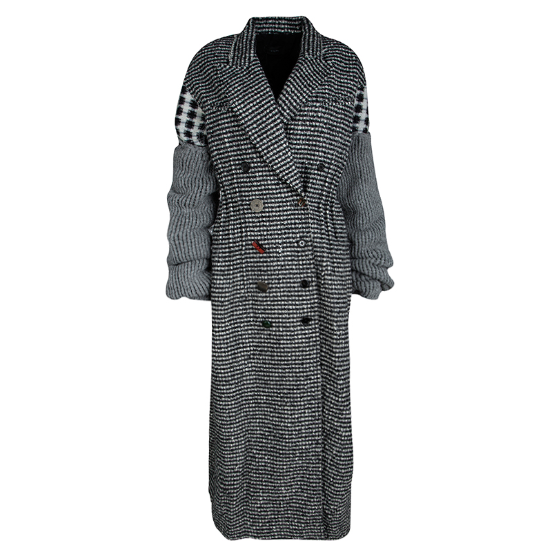 Image of Joseph Grey Check Jersey and Jacquard Wool Al Maxi Overcoat L