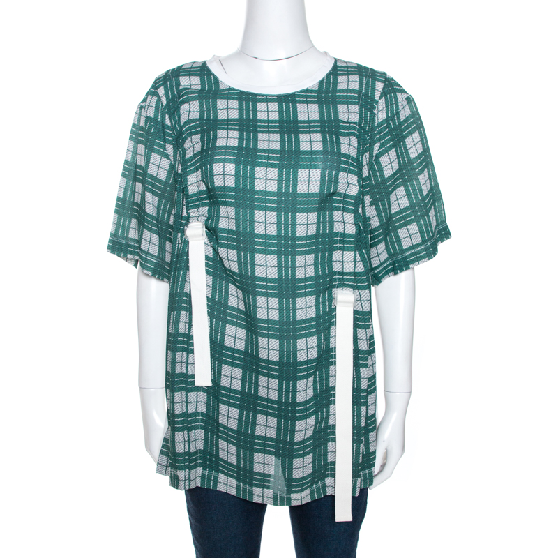 Image of Joseph Bicolor Canvas Check Print Silk Crew Neck Top XL