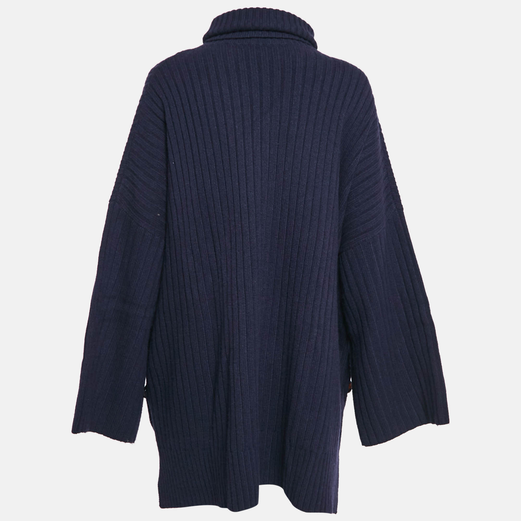 Joseph Navy Blue Rib Knit Wool Buttoned Poncho L