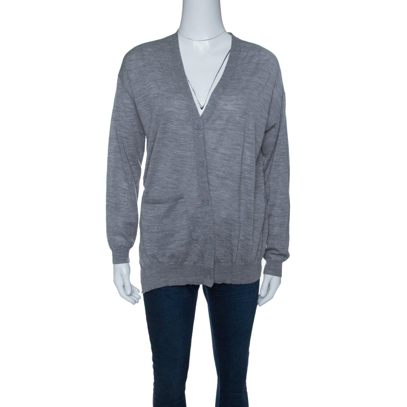 Image of Joseph Grey Merinos Wool Ribbed Trim Asymmetric Cardigan XS