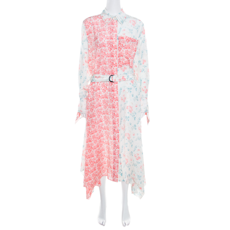 Image of Joseph Pastel Peony Printed Silk Handkerchief Hem Belted Cyprien Shirt Dress M