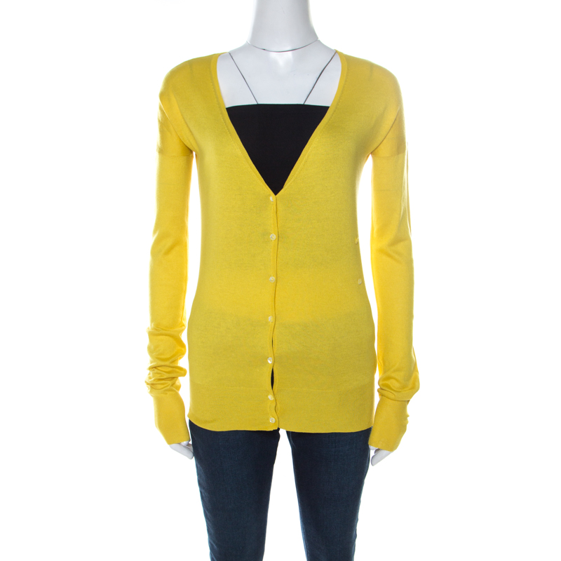 Joseph Yellow Silk Blend Knit Button Front Cardigan S