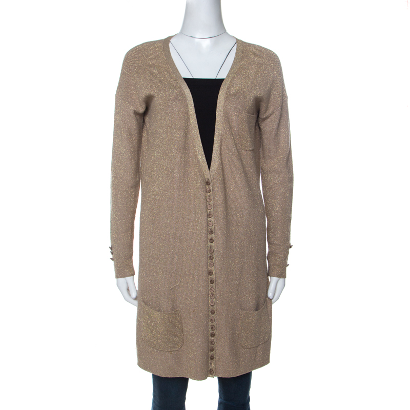 Image of Joseph Gold Silk Blend Lurex Knit Mid Length Cardigan M