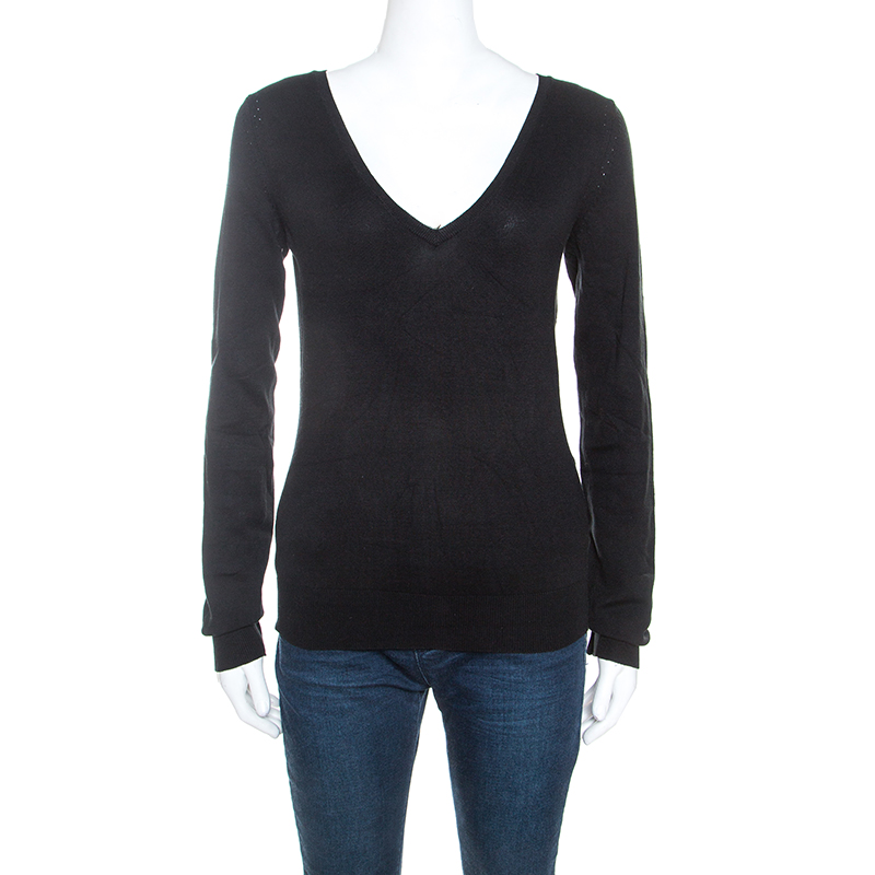 Image of Joseph Black Silk Blend Knit Long Sleeve V-Neck Top M